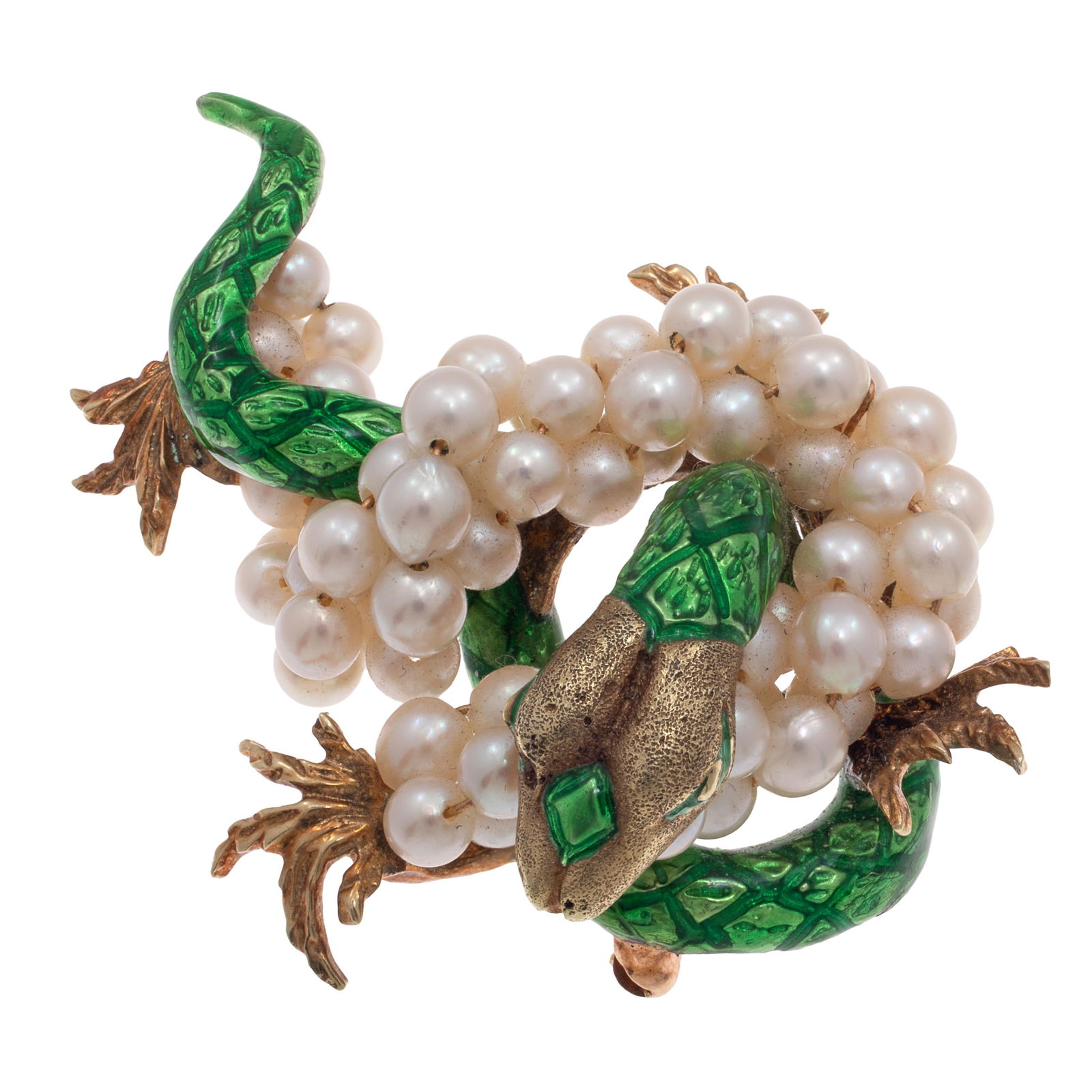 Cultured Pearl, Enamel, 14k Yellow Gold Pin: Cultured Pearl, Enamel, 14k Yellow Gold PinDesigned as a mythical creature, the body highlighted by green guilloche enamel, encircled by numerous round cultured pearls measuring from approximately 4.0