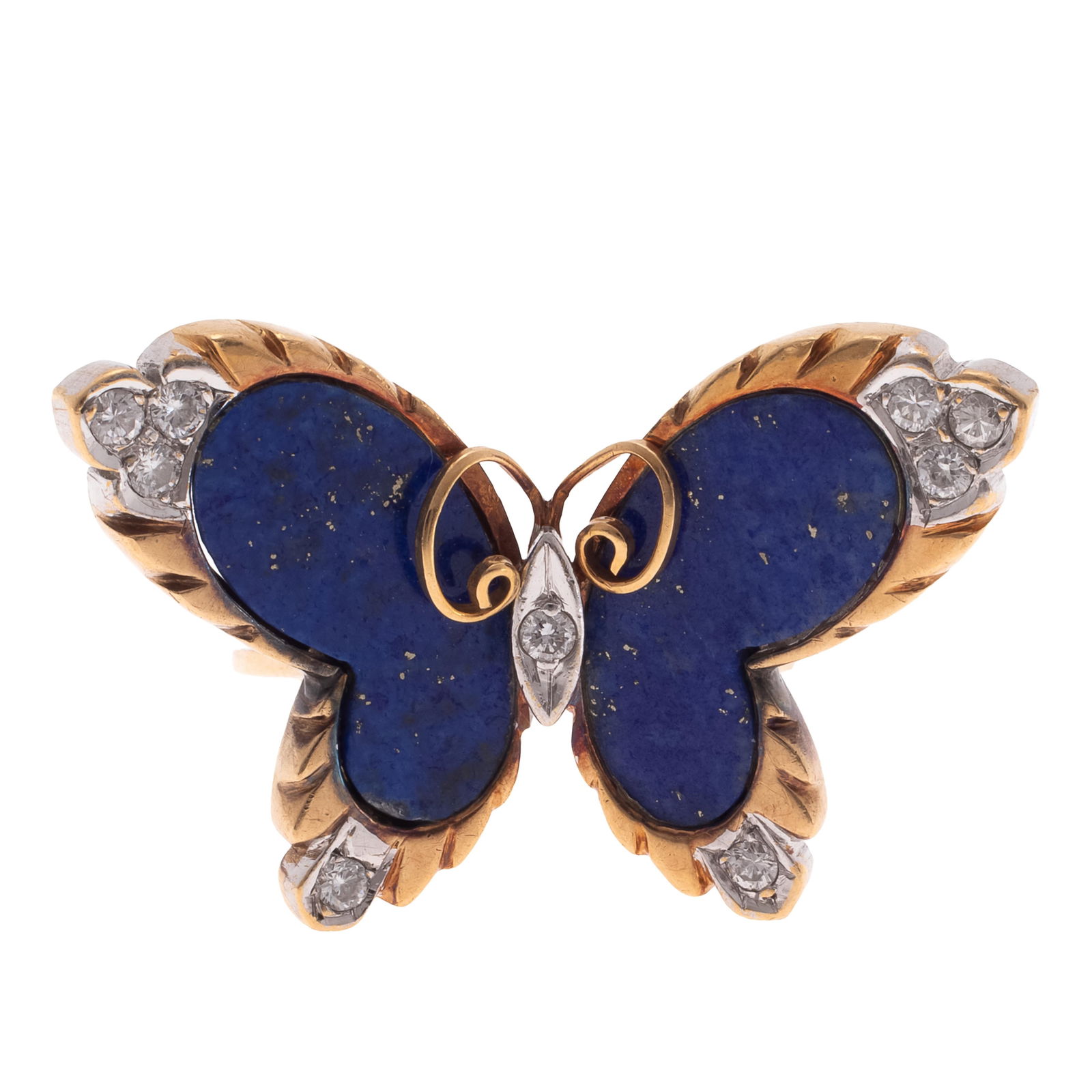 Lapis Lazuli, Diamond, 18k Butterfly Ring: Lapis Lazuli, Diamond, 18k Butterfly Ring Designed as a butterfly, the wings featuring lapis lazuli tipped with eight round brilliant-cut diamonds, the body highlighted by one additional round