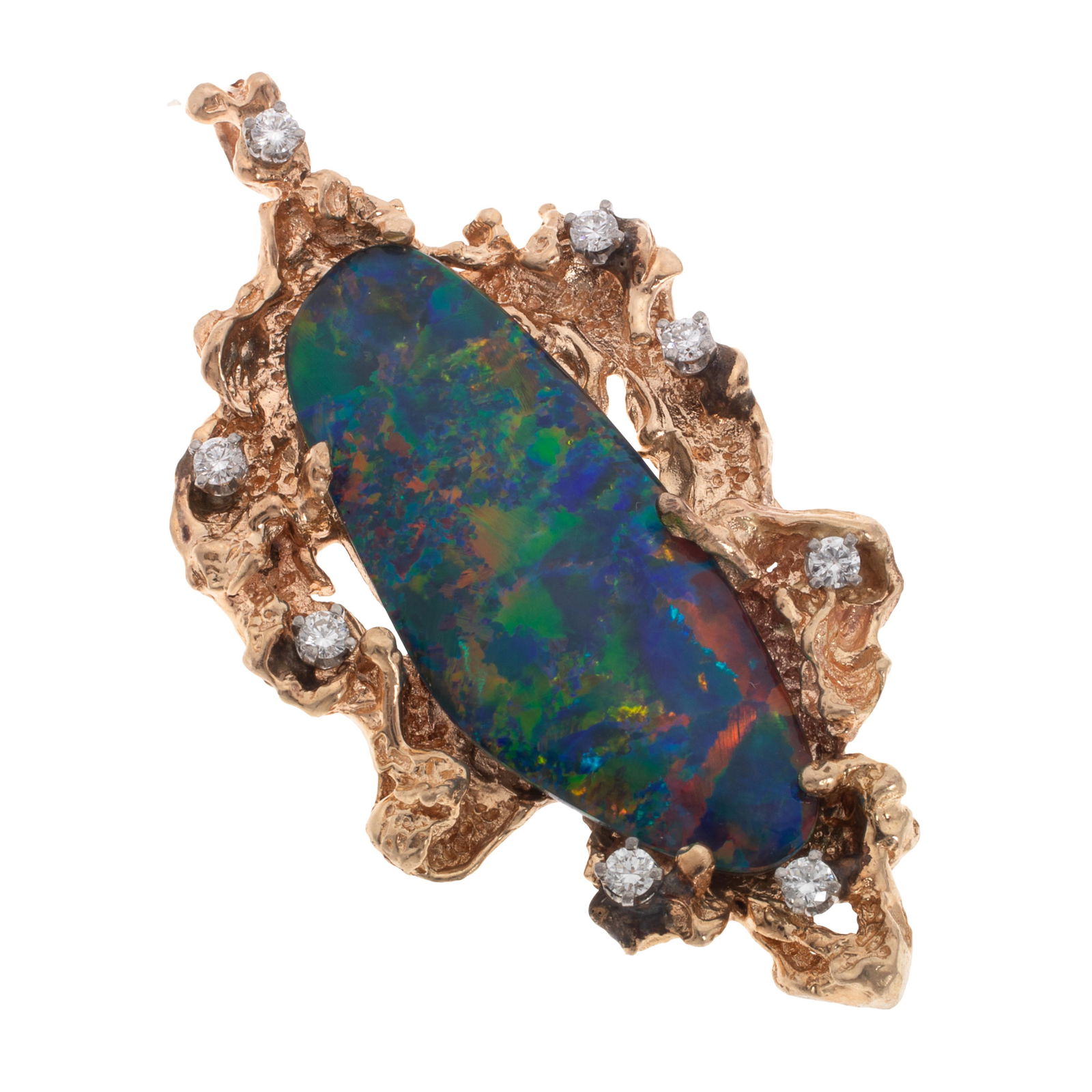 Diamond, Opal Triplet, 14k Yellow Gold Pin Pendant: Diamond, Opal Triplet, 14k Yellow Gold Pin PendantCentering an abstract-shaped opal triplet, accented by eight round brilliant-cut diamonds weighing a total of approximately 0.40 cttw., set in a textu