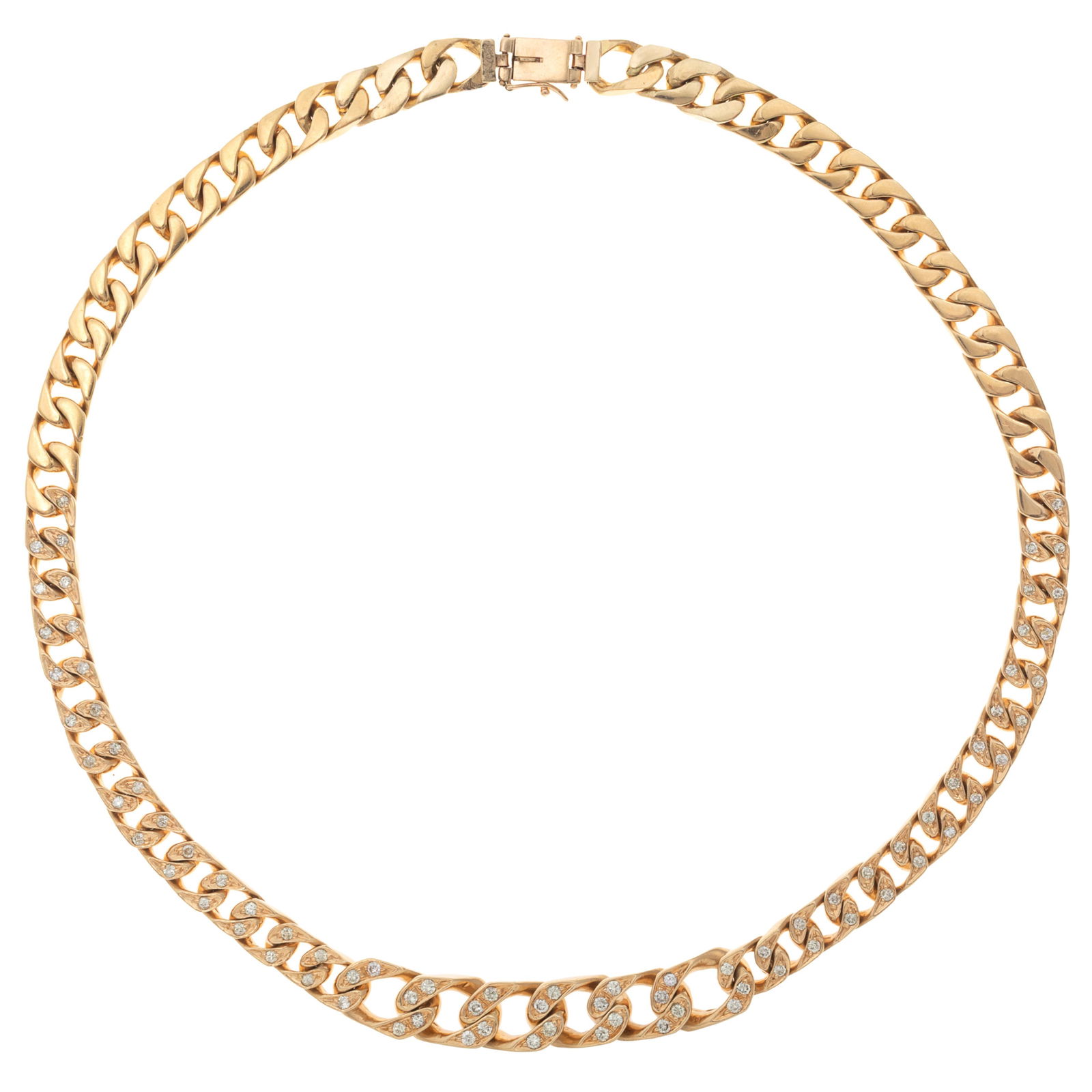 Diamond, 14k Yellow Gold Necklace: Diamond, 14k Yellow Gold Necklace Featuring seventy full-cut diamonds weighing a total of approximately 2.00 cttw., set in 14k yellow gold curb links measuring approximately 7.5 mm in width,