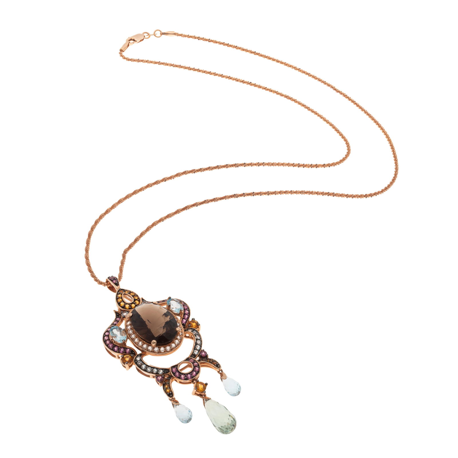 Smoky Quartz, Multi-Stone, 14k Rose Gold Necklace, LeVian: Smoky Quartz, Multi-Stone, 14k Rose Gold Necklace, LeVianCentering an oval smoky quartz weighing approximately 7.90 cts., accented by round-cut gemstones including spessartite, quartz, and topaz, set
