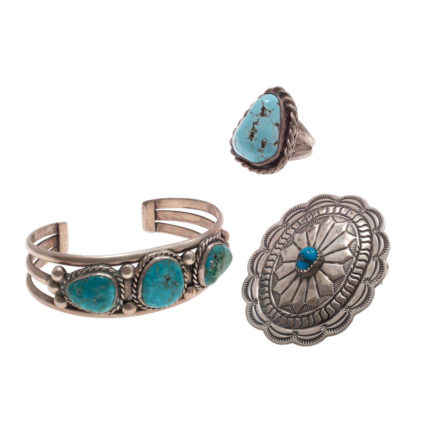 Collection of Native American Turquoise, Silver Jewelry: Collection of Native American Turquoise, Silver JewelryIncluding a cuff featuring three turquoise cabochons accented by applied ropework and spheres, inner circumference 6 3/4, 1.10 inch gap, signed '