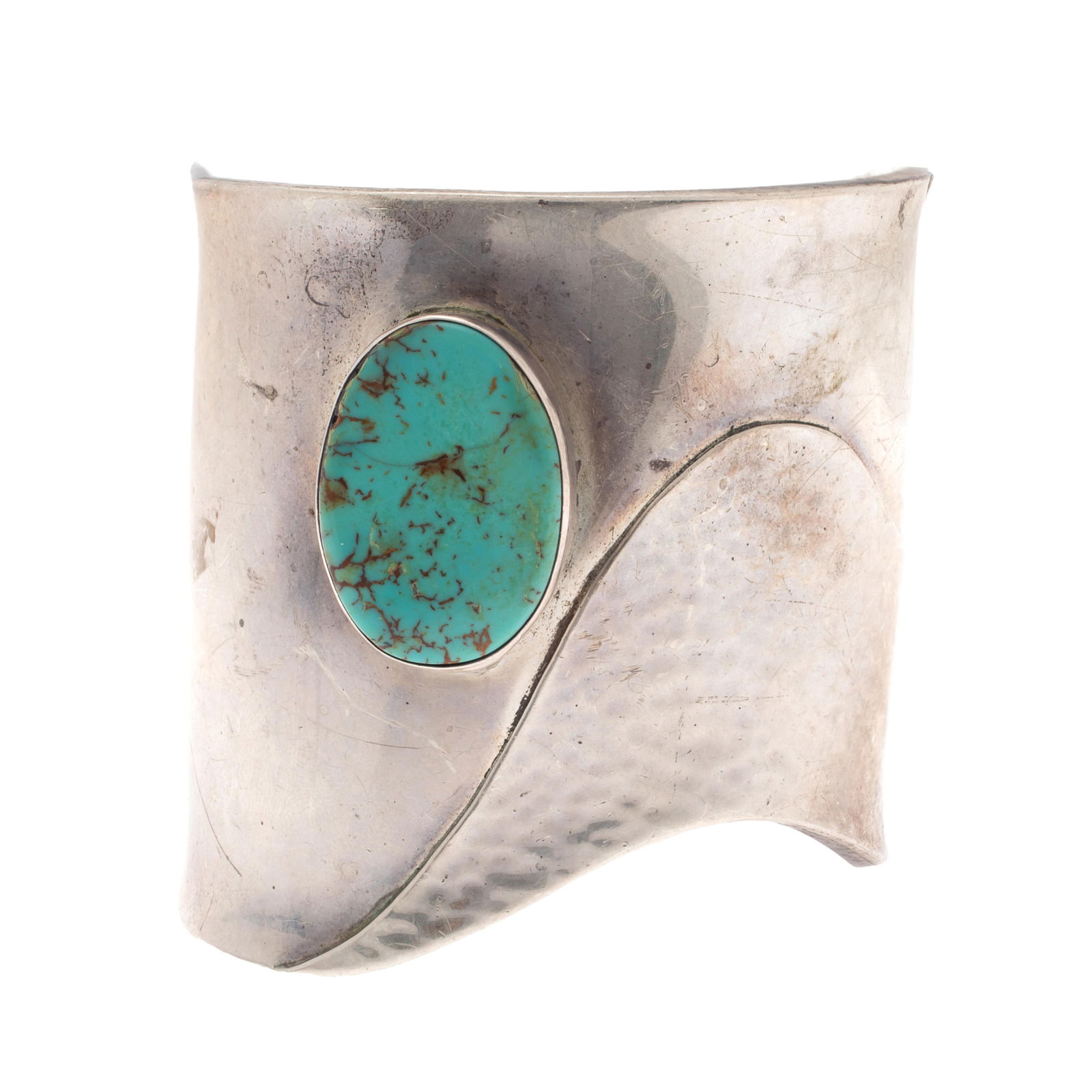 Navajo Turquoise, Sterling Cuff Bracelet, Mary-Rita Padilla: Navajo Turquoise, Sterling Cuff Bracelet, Mary-Rita PadillaFeaturing an oval turquoise cabochon measuring approximately 25.0 x 18.0 mm, set in a sculptural, sterling silver cuff bracelet mounting meas