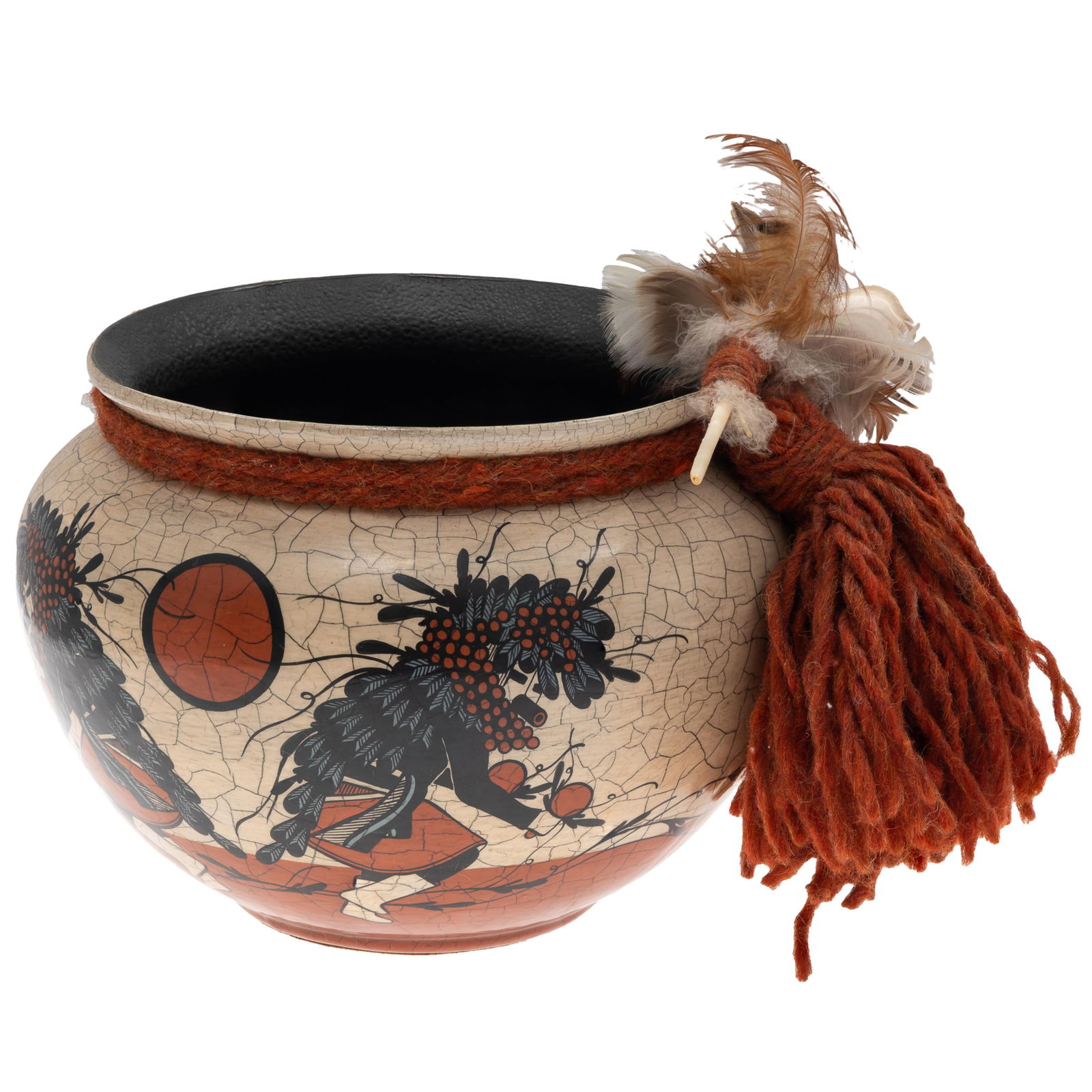 Pat Pauli (Navaho Nation): Pat Pauli (Navaho Nation) Vase from 'Dancing Warriors' series. With craclure glaze, decorated dancing warriors, yarn and feathers. Signed 7in (17cm) h. 11in (28cm) d.