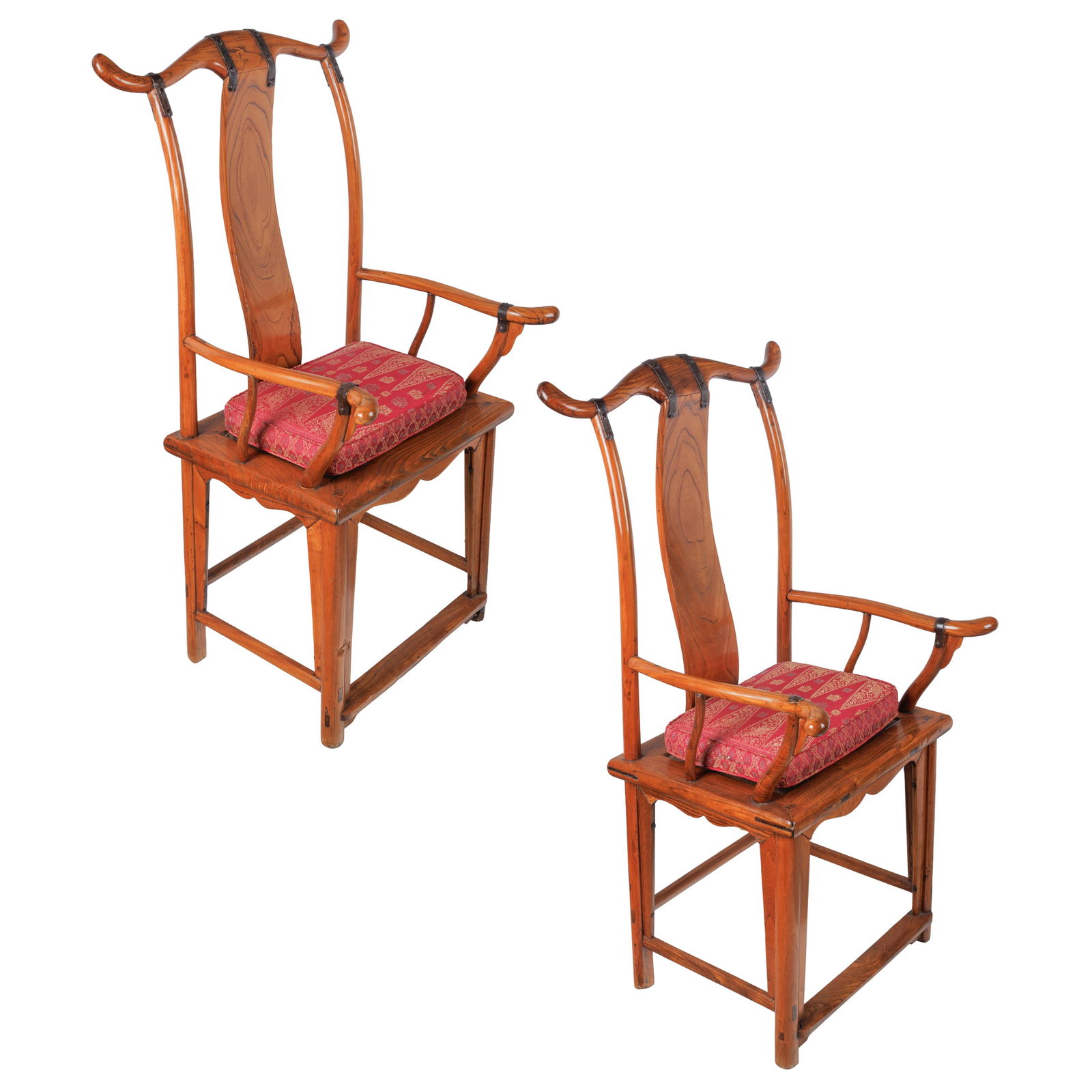 Pair of Ming Style Officials Hat Armchairs: Pair of Ming Style Officials Hat Armchairs 18th-19th century Each of highly figured elm with Officials cap crest rail over a curved back and stiles ending on a box base 50in (127cm) h. 26iin (66cm)