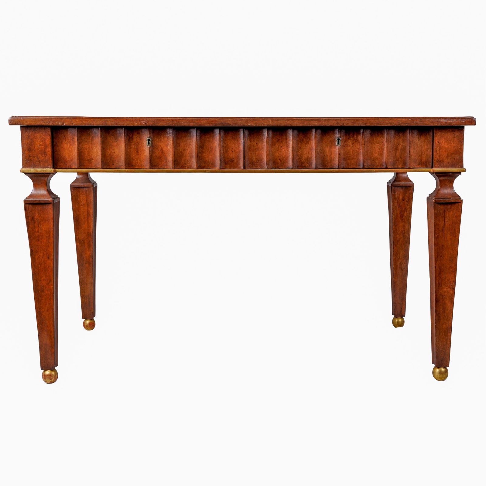 Gustave III Neoclassical Library Table: Gustave III Neoclassical Library TableThe cross banded inlaid rectangular walnut top above ripple carved frieze drawers raised on gilt banded tapering legs ending in gilt spherule feet.30in (76cm) h.