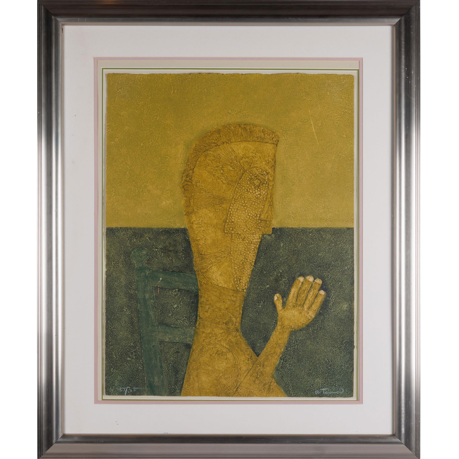 Rufino Tamayo (Mexican, 1899-1991).: Rufino Tamayo (Mexican, 1899-1991). Personaje Sentado (Seated Personage), from the series Rufino Tamayo 16 aquafuertes, 1976. Color etching on guarro paper, signed and numbered 57/176 in white