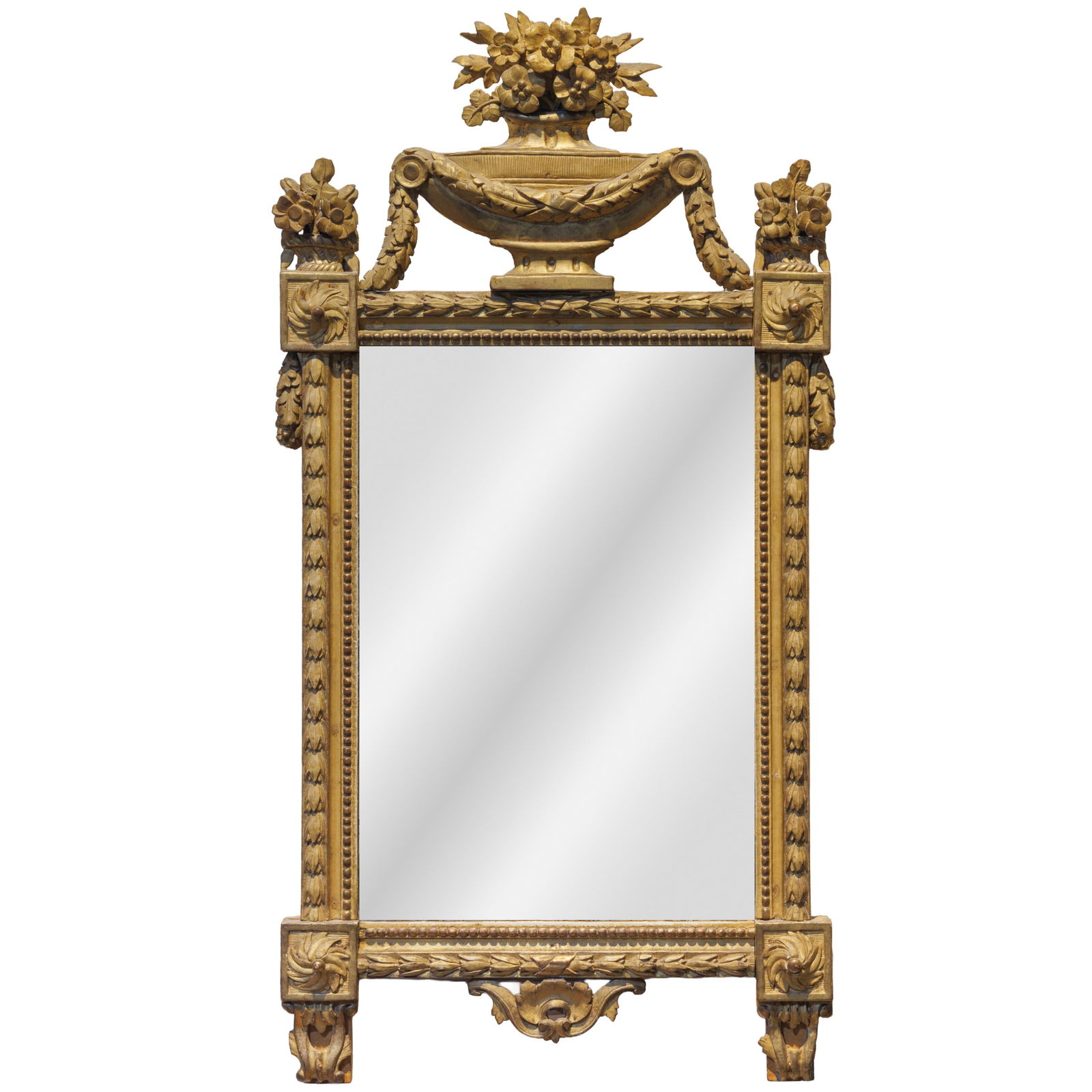 Louis XVI Giltwood Pier Mirror: Louis XVI Giltwood Pier MirrorThe rectangular plate within a bead banded and laurel frame surmounted by a floral filled Classical urn issuing husked swags to the sides.51 1/2in (131cm) h. 27in (69cm)