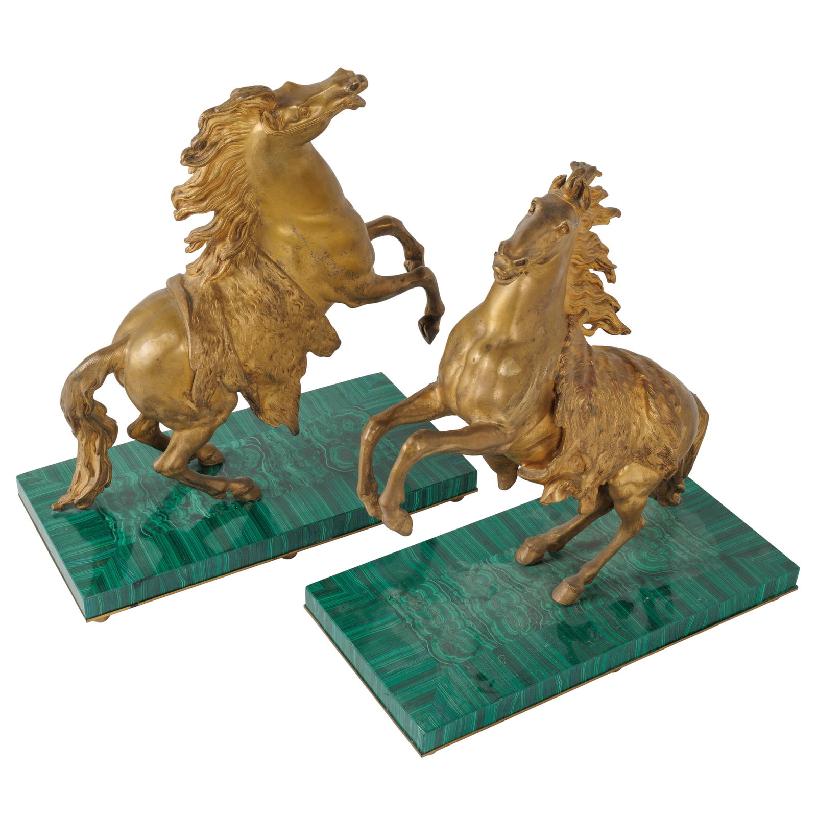 Pair of Gilt Bronze Marly Horses: Pair of Gilt Bronze Marly HorsesEach Classical muscular horse depicted rearing on hind legs, after the original by Guillaume Coustou for Chateau Marly 1745.23in (59cm) h.Base 20in x 10in (51cm. x 25cm