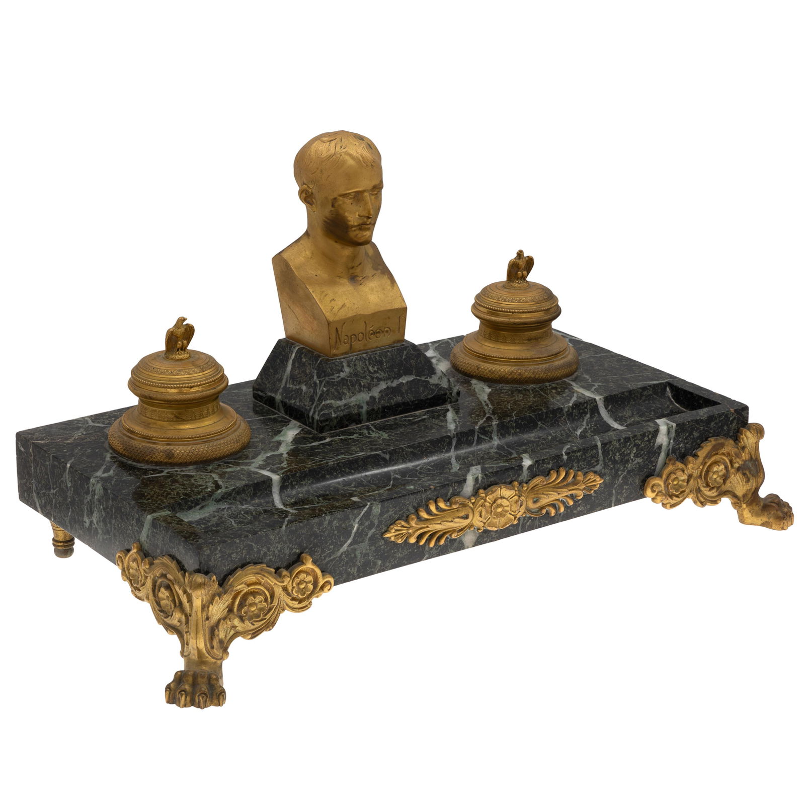 Napoleon III Encrier: Napoleon III Encrier Of Verde Antico marble raised on gilt articulated paw feet surmounted by a bust of Napoleon and a pair of glass lined bronze ink wells. 12in (31cm) h. 18in (46cm) w. 11in (28cm)
