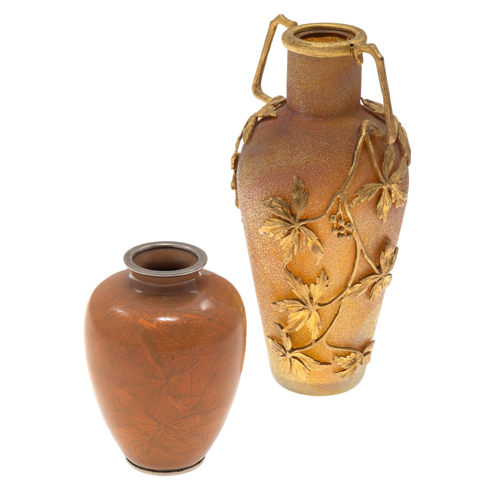 An Art Nouveau Gilt Glass Vase and Cloisonne Vase: An Art Nouveau Gilt Glass Vase and Cloisonne Vase The vase with outset handles issuing gilt fruited vines trailing down the vase sides.6 1/2in (17cm) h. together with a Japanese ginbarii cloisonne