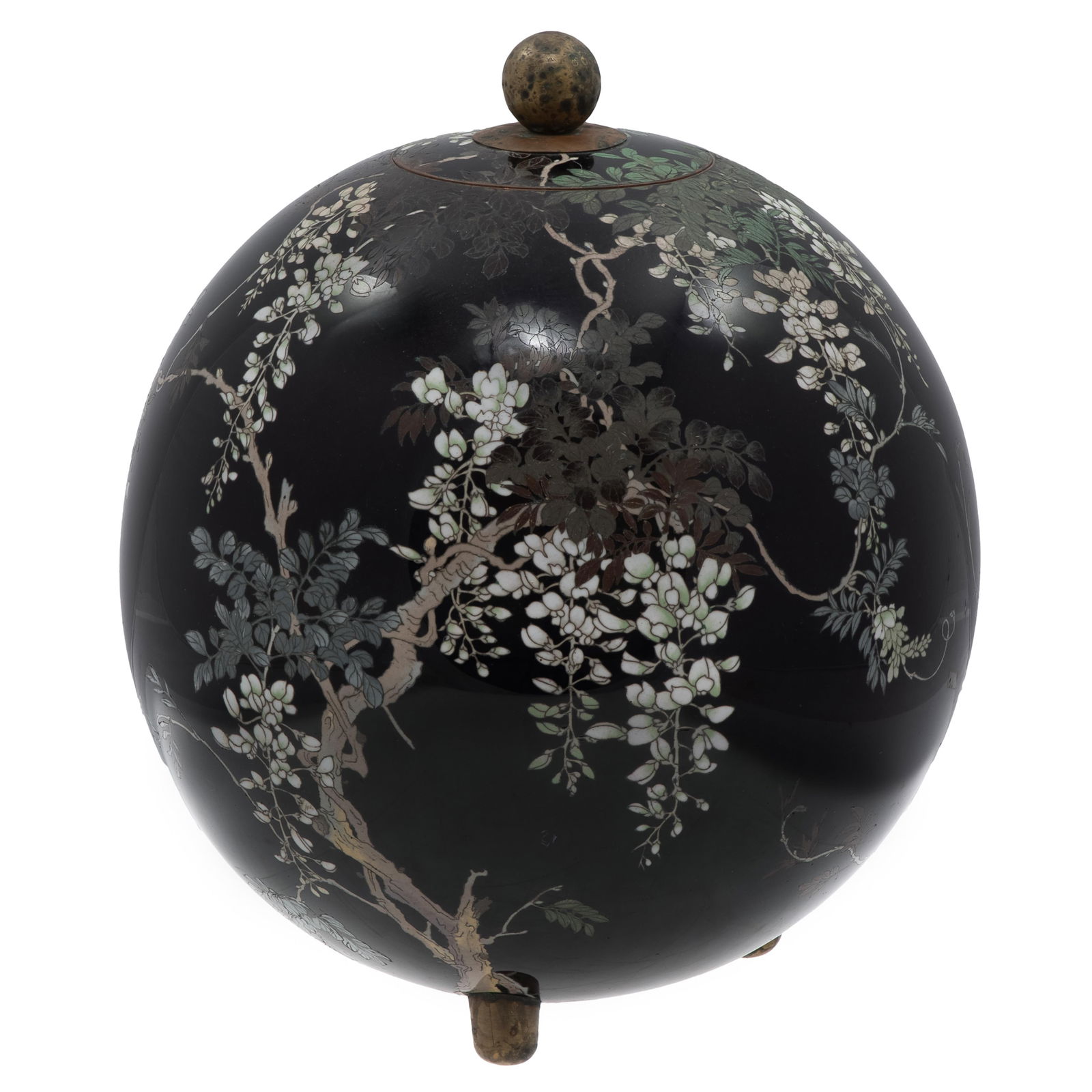 Cloisonne Vase: Cloisonne Vase Of globe form decorated with wisteria vines on a noir ground ending on three gilt knopped feet. 17 1/2in (45cm) h. Condition: some loss and patina to enamel.