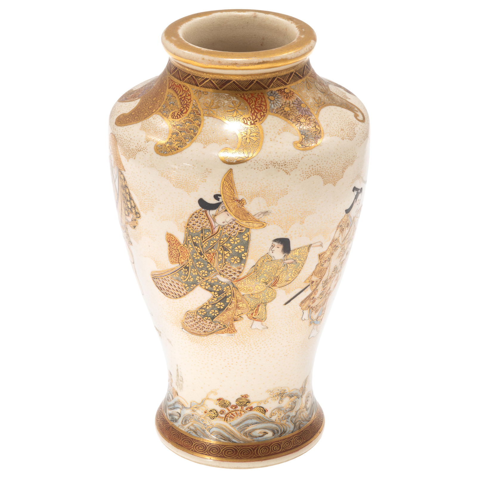 Japanese Kinkozan Vase: Japanese Kinkozan Vase Meiji-Taisho or later. Intricately decorated at the shoulder with floral scroll work above a continuous parade of dancers all on a gold dot ground 7in (18cm) h. Condition: