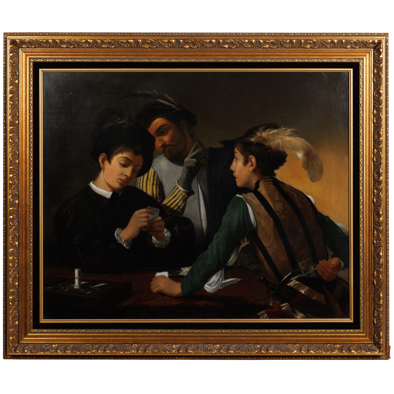The Cardsharps After Caravaggio: The Cardsharps After Caravaggio The Cardsharps oil on board 30in. x 25in (76cm. x 64cm) Framed: 38in. x 33in (97cm. x 84cm) After Caravaggio