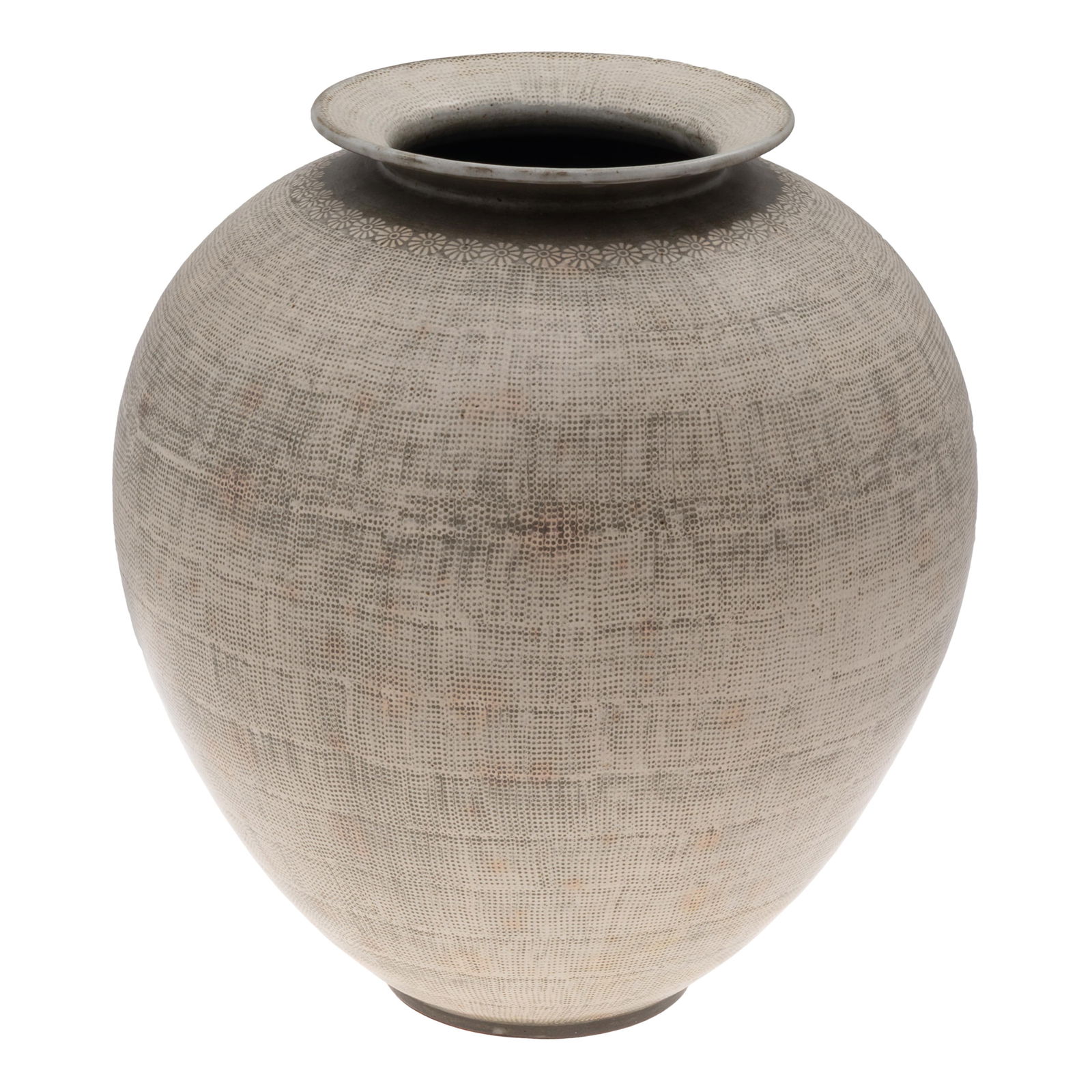 Shen Dang-Ho (Korean b. 1947), Glazed Stoneware Vase: Shen Dang-Ho (Korean b. 1947) Glazed Stoneware Vase Decorated with a band of flowers at the neck above a doted grid overall. Artist's seal on base. 13in (33cm) h Dr. Shin Sang-Ho is a distinguished
