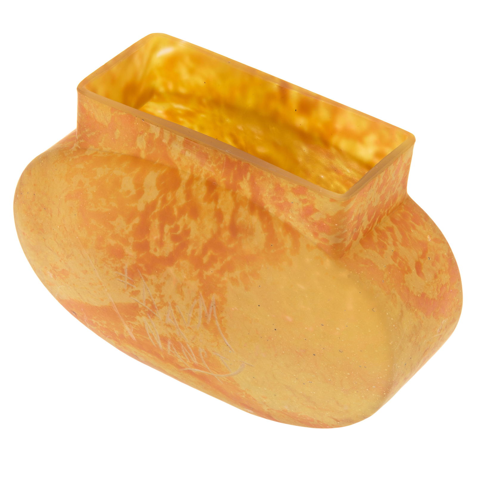 Daum Nancy Vase: Daum Nancy VaseThe compressed bulb form of mottled amber and coral abstract decoration, incised Daum Nancy on one side.4 3/4in (12cm) h. 7in (18cm) w 2in (5cm) d