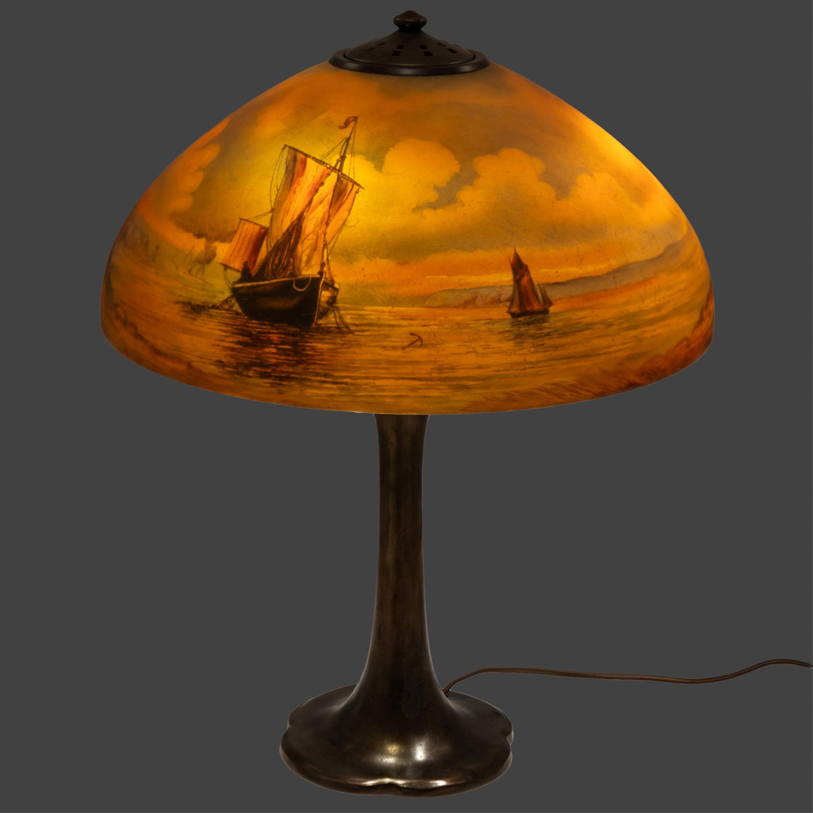 Handel Reverse Painted Lamp: Handel Reverse Painted LampScene depicts Shipping Vessels on water under a dramatic, cloudy, orange sky24in ((61cm) h