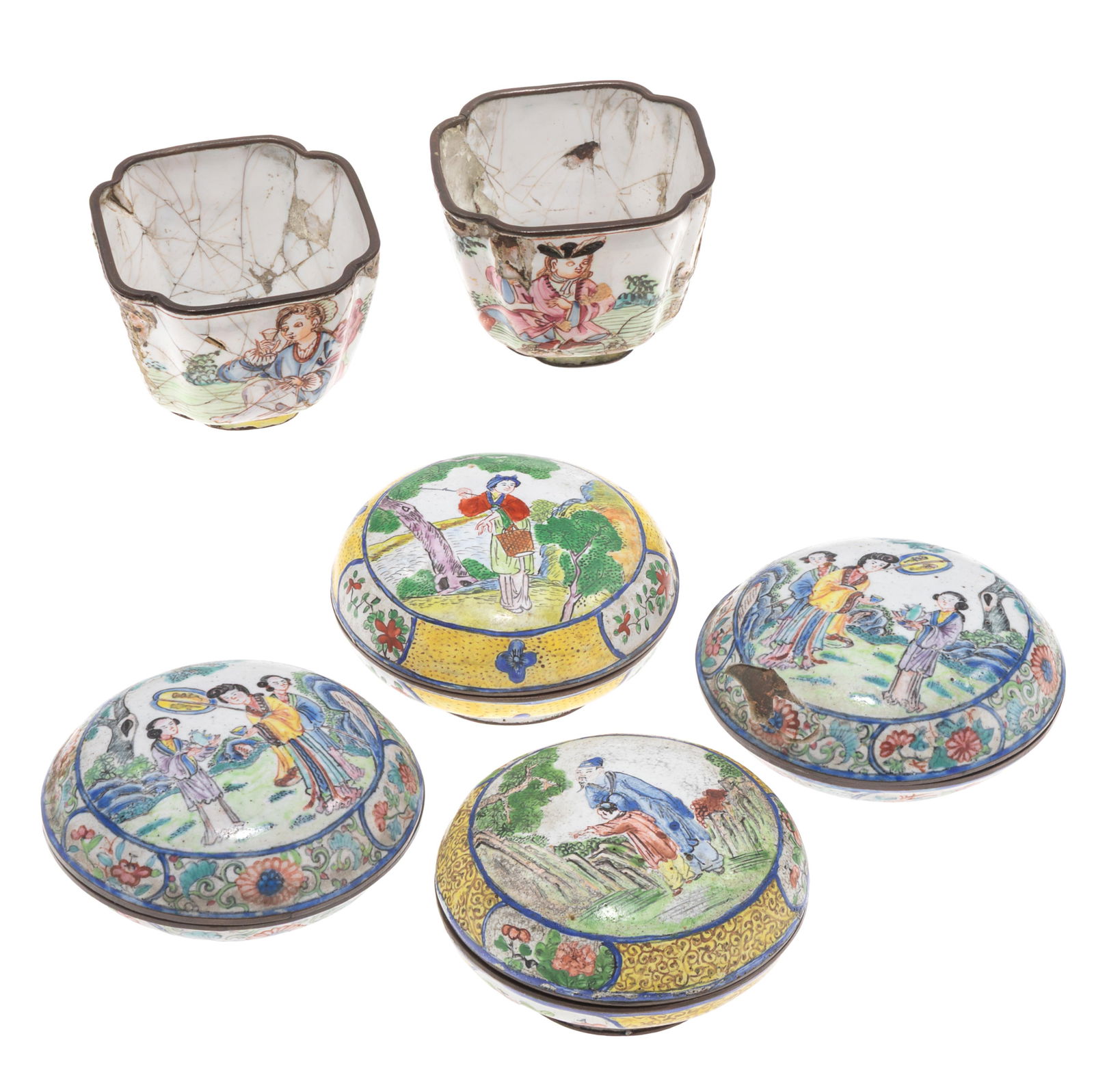 Qin enamel lidded boxes and tea cups: Qin enamel lidded boxes and tea cupsFour polychrome enamel lidded boxes, each painted with figures on the lids and reserves of flowers on the base. The tea cups decorated with stylized Western figures