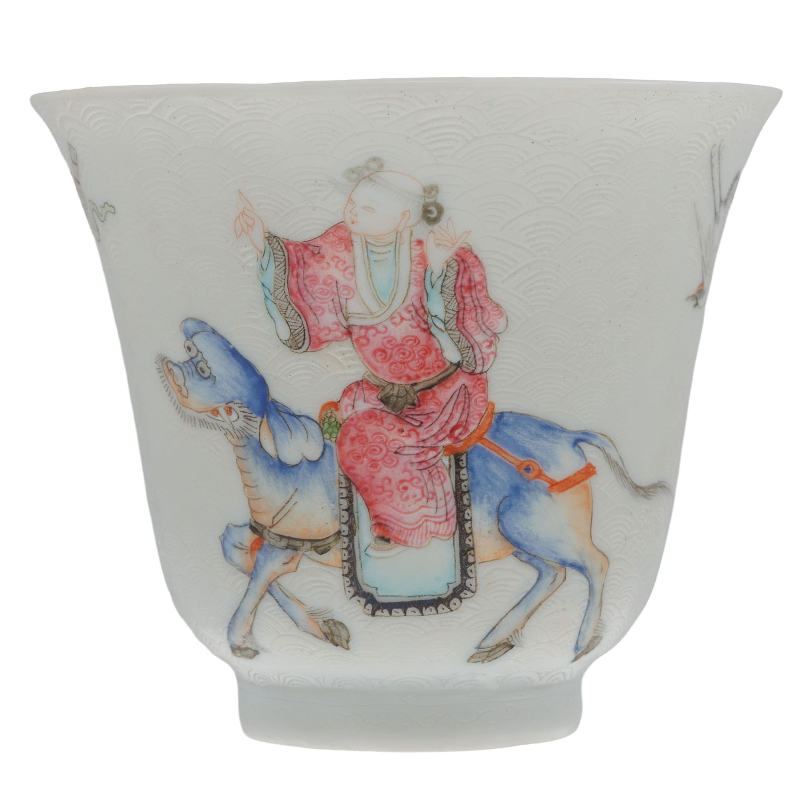 Qing Enamel Tea Cup: Qing Enamel Tea Cup18th/19th CenturySgraffito decorated with a figure on a mythical beast2 3/4in (7cm) h. 3in (7cm) d.Condition: Two chips at rim