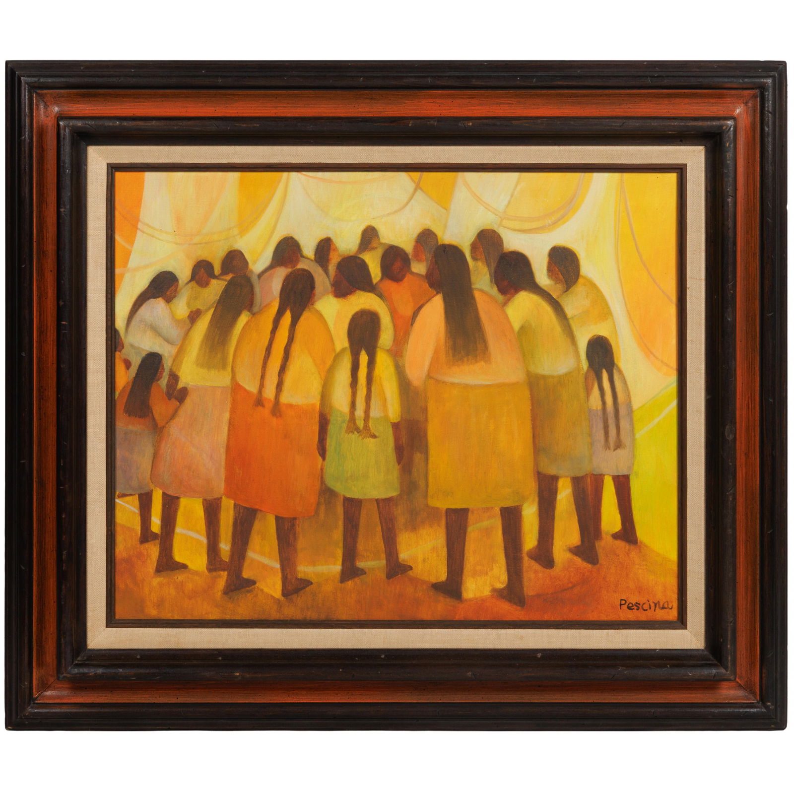 Aurelio Pescina (Mexican, 1938-1990).: Aurelio Pescina (Mexican, 1938-1990). A Gathering of Women and Girls Oil on canvas, signed (lower right), framed. 15 1/2 x 19 1/2in. (39 x 49cm). 24 x 27in. (61 x 69cm/frame). Pescina participated