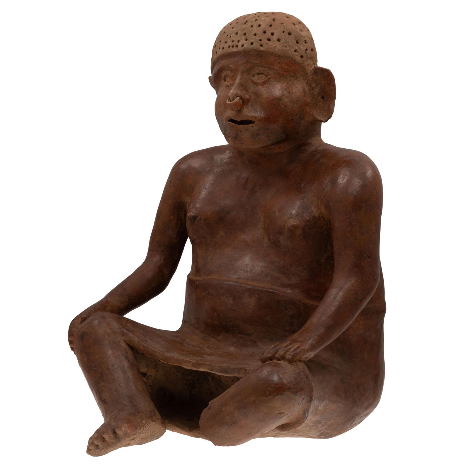 Pre Columbian Seated Female, Nayarit, West Coast Cultures, Mexico: Pre Columbian Seated Female, Nayarit, West Coast Cultures, MexicoPre-Columbian Seated Female Figure, Chinesco Variant200BC-200ADModeled wearing a skirt and turban with holes possibly for inserting fea