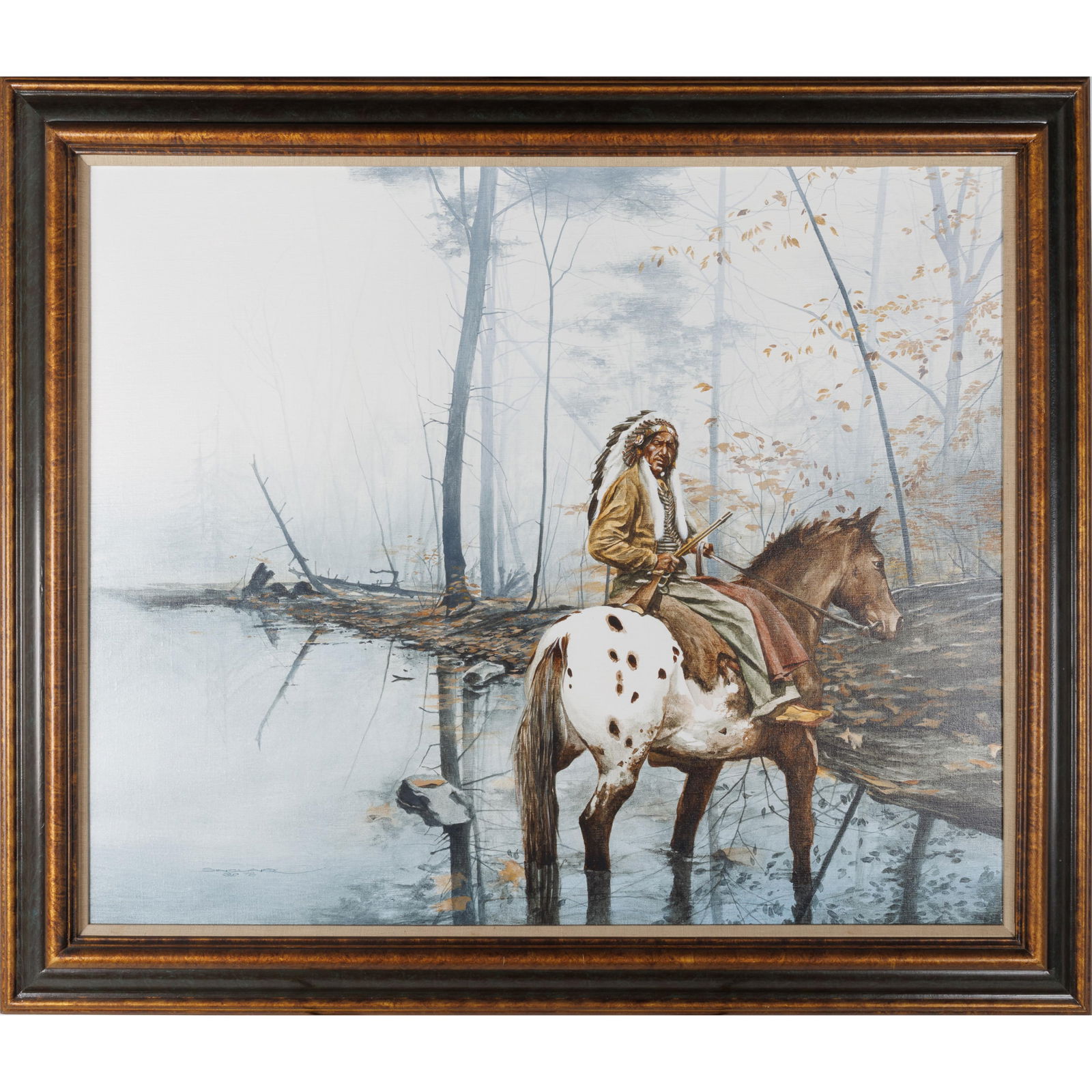 Anthony Sinclair (American, b. 1943.): Anthony Sinclair (American, b. 1943.) 'Foggy Quiet' Depicting a Native American on an Appaloosa, 1978. Acrylic on canvas, signed and dated (lower left), framed. 30 x 36in. (76 x 92cm). Framed: 37 x