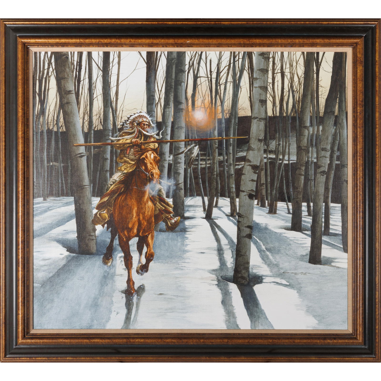 Anthony Sinclair (American, b. 1943).: Anthony Sinclair (American, b. 1943). Depicting a Native American on horseback in a birch forest, 1978. Acrylic on canvas, signed and dated (lower left), framed. 30 x 36in. (86 x 92cm). Framed 37 x
