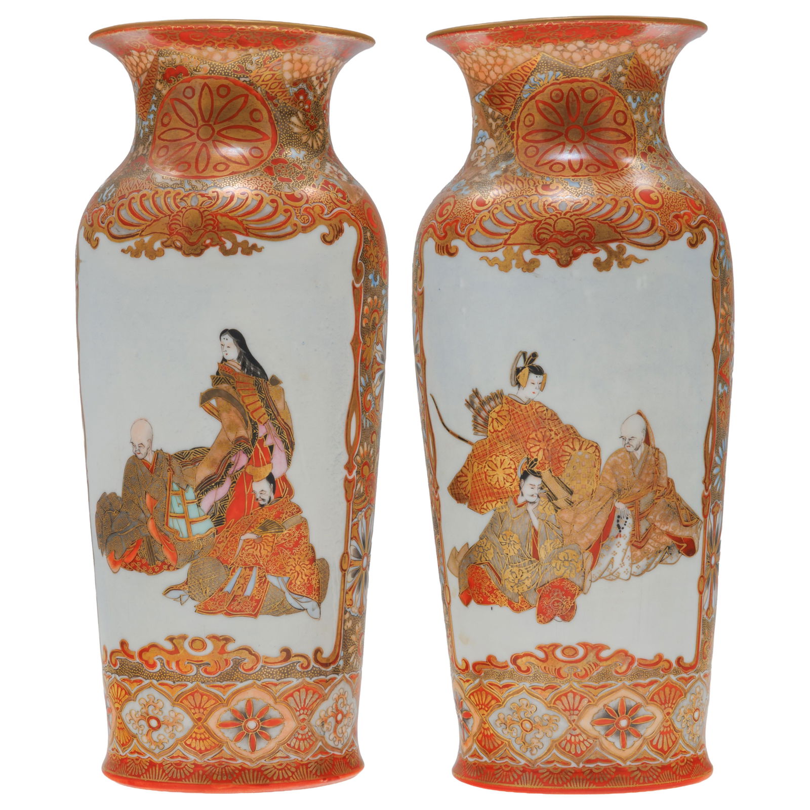 A Pair of Kutani Vases: A Pair of Kutani Vases The pair of gilt floral decoration surrounding mirror image panels of Courtiers 9in (23cm) h