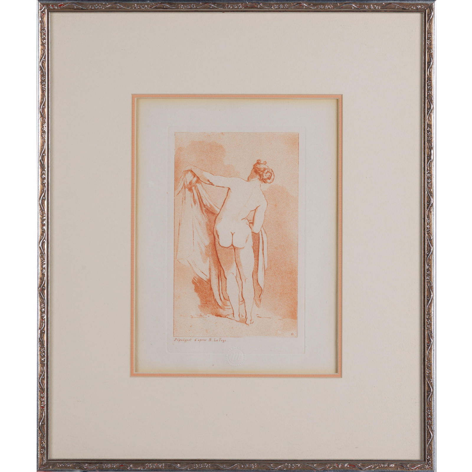 After Raymond Lefage (French, 1656-1684).: After Raymond Lefage (French, 1656-1684). Female nude standing holding a drapery. Etching and aquatint printed in sepia on wove paper, a modern print by Auguste Pequegnot, distributed through the