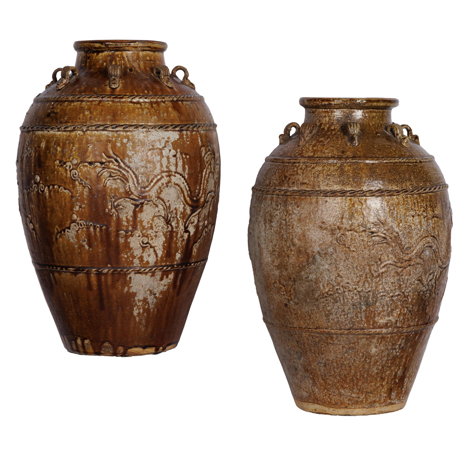 Chinese Martaban Dragon Jars: Chinese Martaban Dragon JarsThe pair of glazed earthenware with relief carved water dragons.27in (69cm) h.