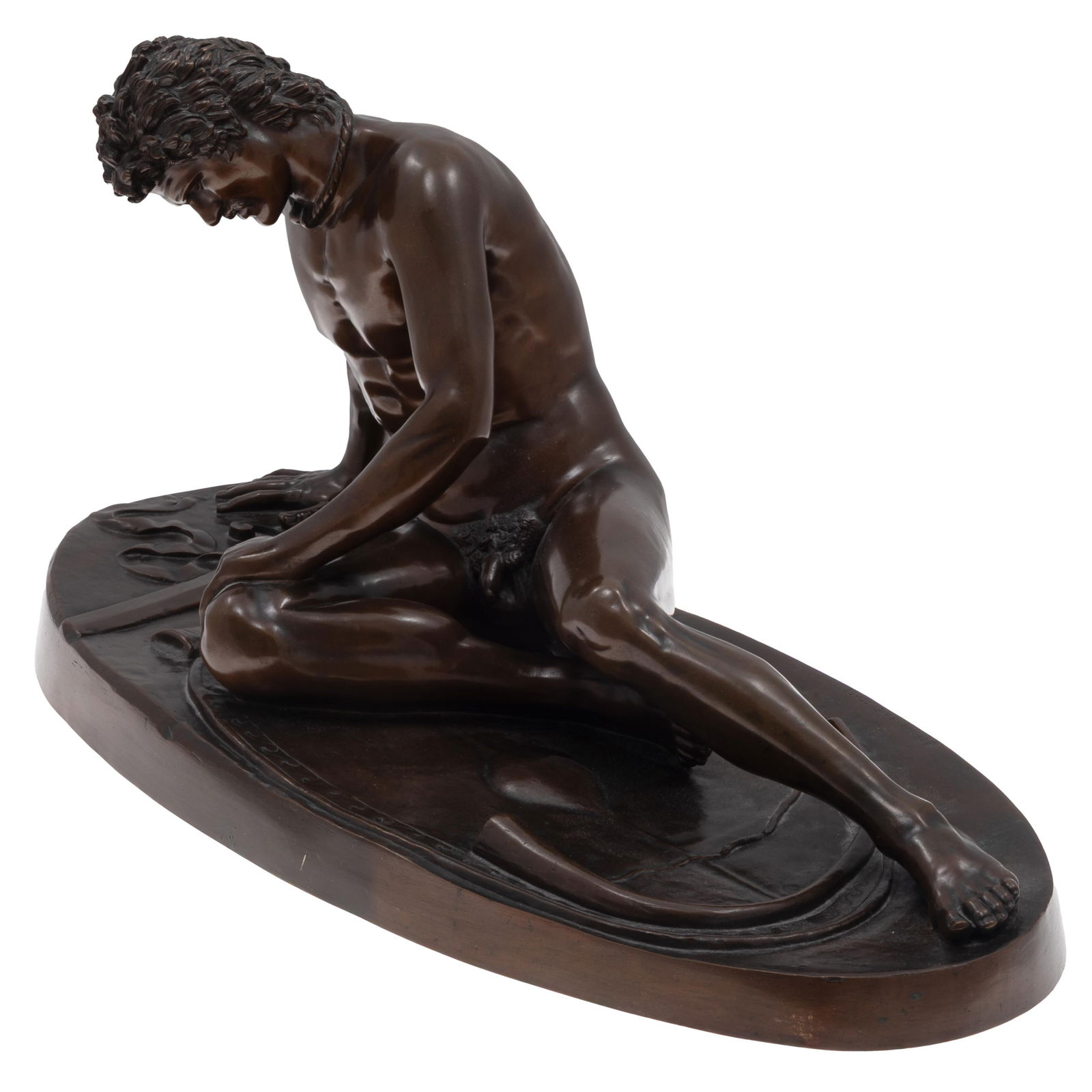 The Dying Gaul After the Antique, Cast Bronze by Ferdinand Barbedienne: The Dying Gaul After the Antique Cast Bronze by Ferdinand Barbedienne The figure of a Gaul warrior wounded and leaning on one arm, his torso with a bleeding puncture, his sword, and a horn lie