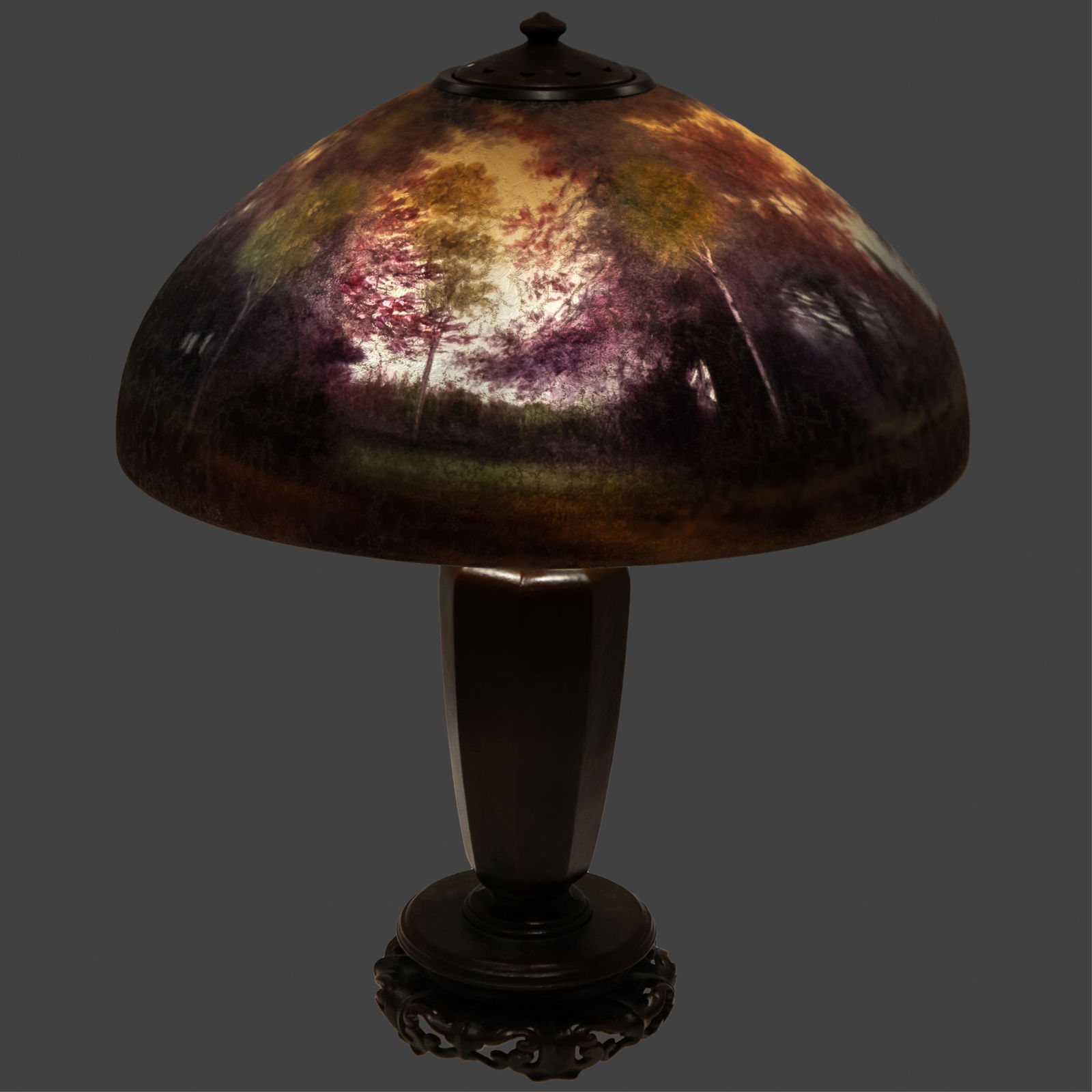 Handel Lamp with Asian Style Base: Handel Lamp with Asian Style Base The illuminated shade with forest scene 20in (52cm) h