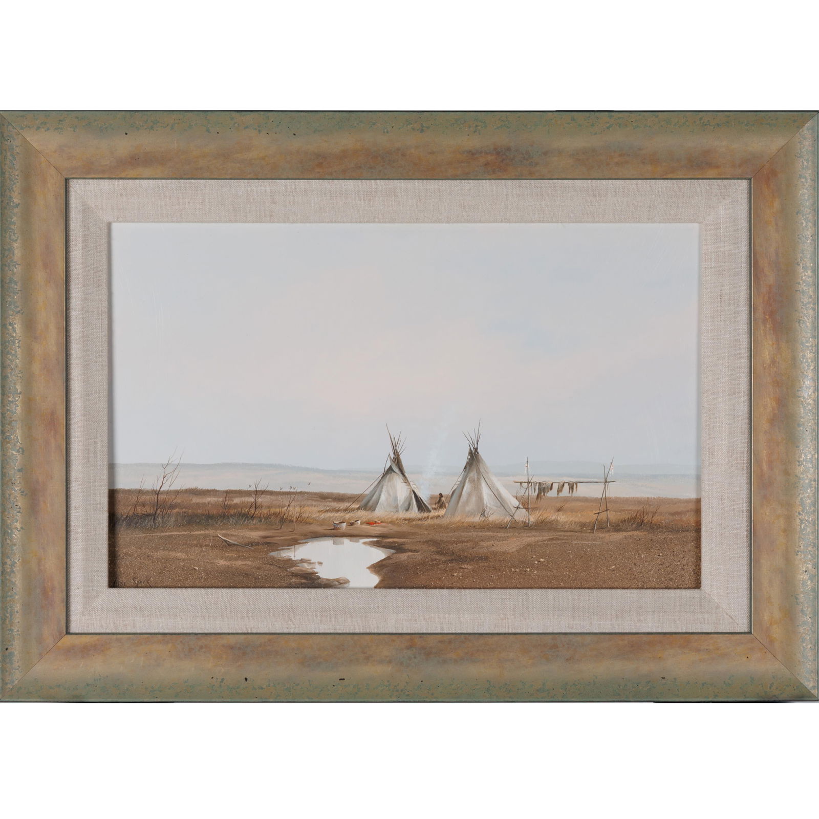 Gene Speck (American, b. 1937).: Gene Speck (American, b. 1937). Landscape with teepees and clothes line Oil on board, signed (lower left), framed. 9 1/2 x 15 1/2in. Framed: 15 x 22in. (38 x 56cm). Gene Speck is a contemporary