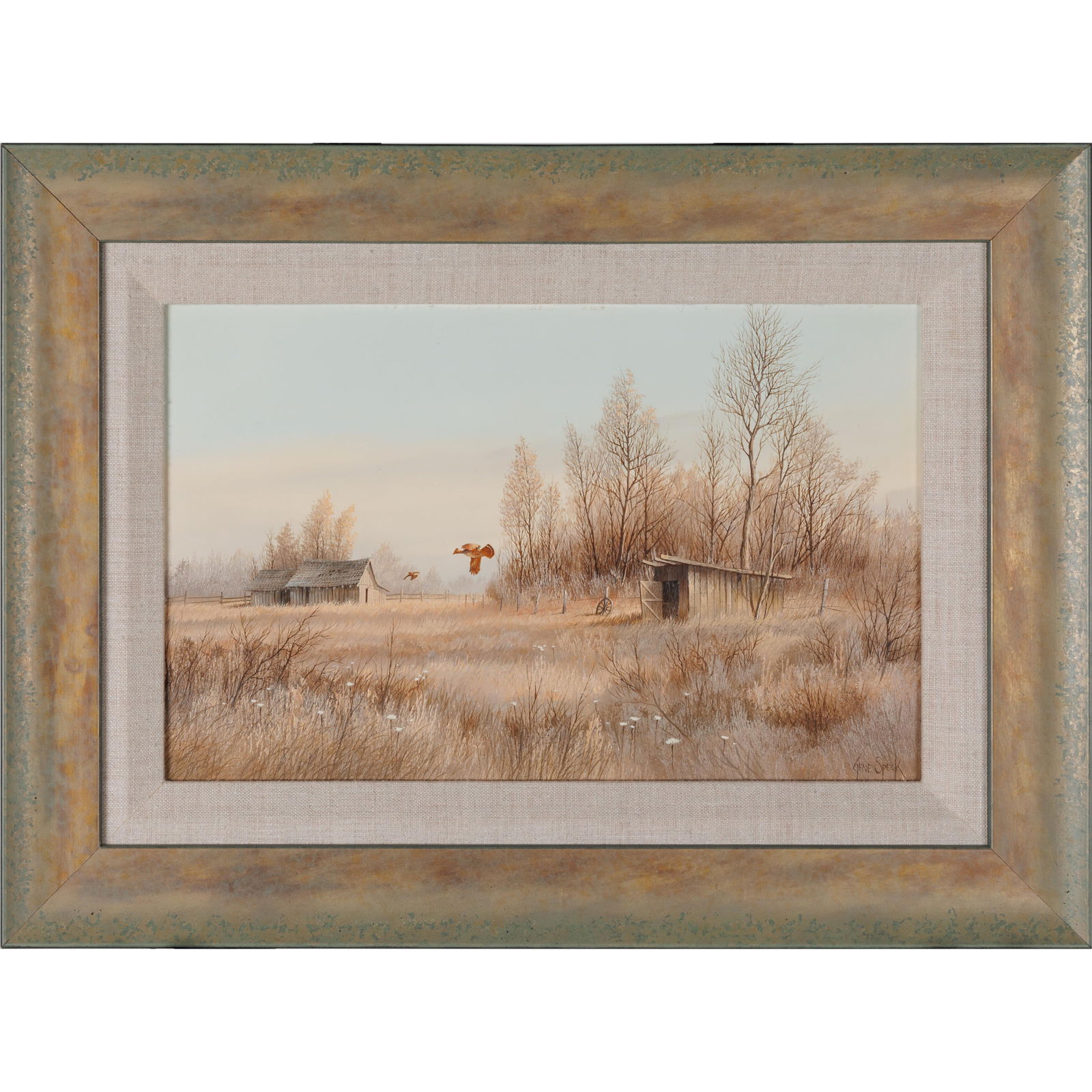 Gene Speck (American, b. 1937).: Gene Speck (American, b. 1937). Landscape with Shed and Wild Turkeys. Oil on board, signed (lower right), framed. 8 1/2 x 13 12in. (22 x 35cm). framed 14 1/2 x 19 1/2in. (37 x 50cm). Gene Speck is a