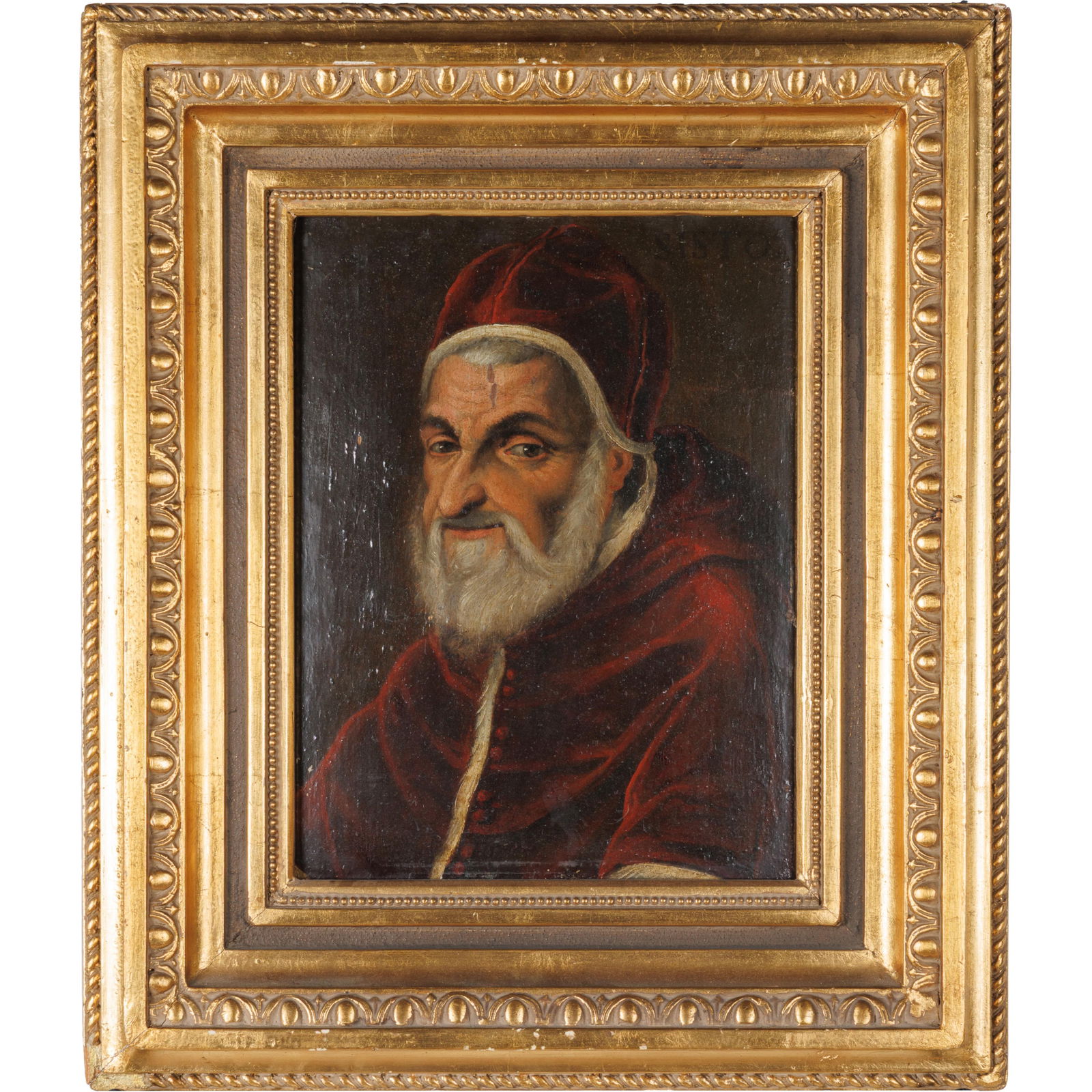 After Tiziano Vecellio (Italian, 1506-1576).: After Tiziano Vecellio (Italian, 1506-1576).Portrait of an old man in fur lined red cloakOil on board13 x 9 1/2in. (33 x 25cm)21 x 18in. (54 x 46cm/frame)Condition: Partial wax seal on reverse.