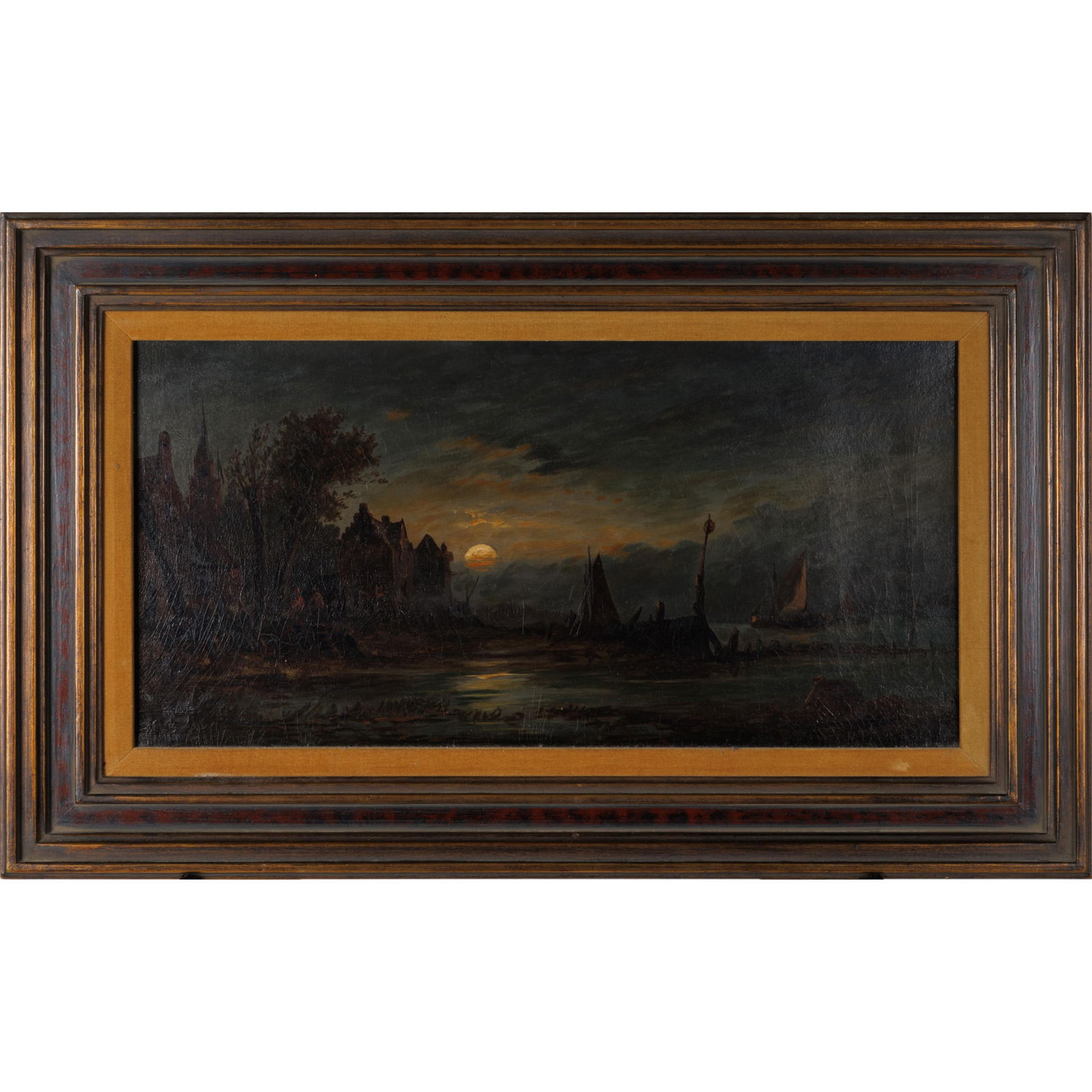 George Augustus Williams (British, 1814-1901).: George Augustus Williams (British, 1814-1901).Landscape, Full Moon over the River.Oil on canvas, information label on verso, framed.12 x 23in. (31 x 58cm).19 x 34in. (48 x 86.5cm/frame)