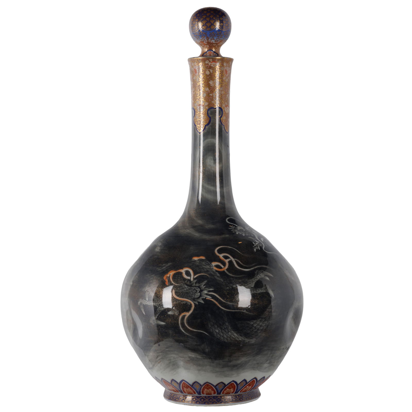 Japanese Fukagawa Koransha: Japanese Fukagawa KoranshaMeiji periodThe tall vase with orb stopper decorated at the neck with a floral pelmet above mythological sea creatures swimming in a darkening sea.29in (74cm) hMark reads 'Fu