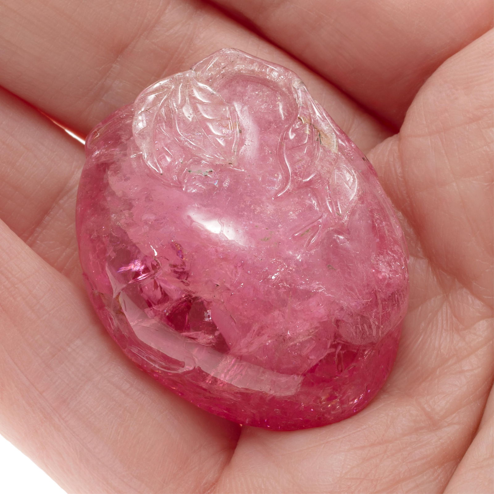 Pink Tourmaline Snuff Bottle: Pink Tourmaline Snuff BottleThe translucent bottle relief carved with a scrolling vine.1 1/4in (3cm)Pink tourmaline was a popular material in the eighteenth and nineteenth centuries in China and was u