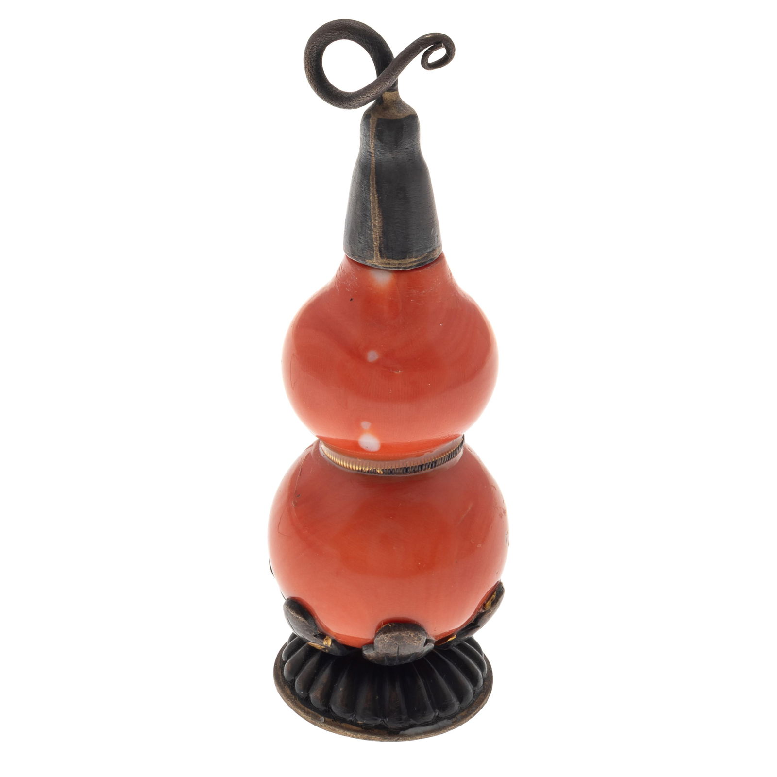 A Coral Snuff Bottle: A Coral Snuff BottleOf double gourd form. with stopper of twining vine.3 1/4in (8cm)