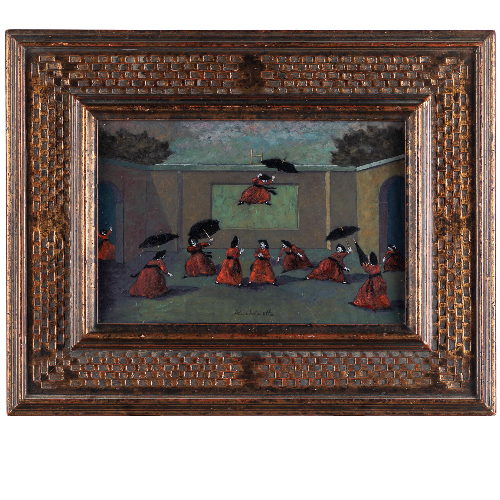 Carmelo Pluchinotta (Italian, 1922-2003).: Carmelo Pluchinotta (Italian, 1922-2003). Joy of Umbrellas, from the series 'Joy of Life'. Oil on panel, signed (lower right), framed. 8x 11 1/2in (20 x 31cm). Framed: 15 x 19in. (39 x 49cm).