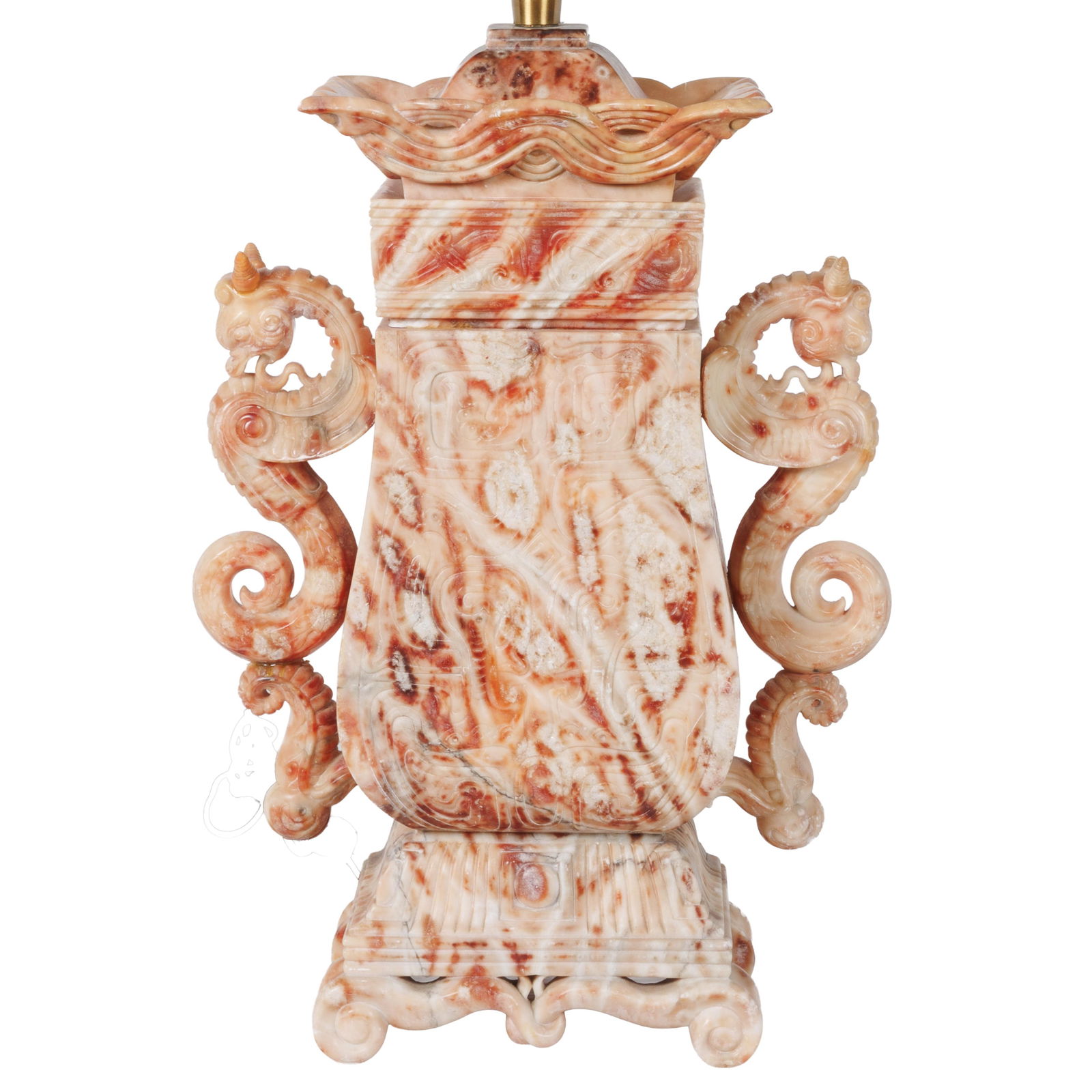 Carved Stone Table Lamp: Carved Stone Table LampIntricate carvings, including two stylized dragon or seahorse figures serving as handles12in (30cm) h