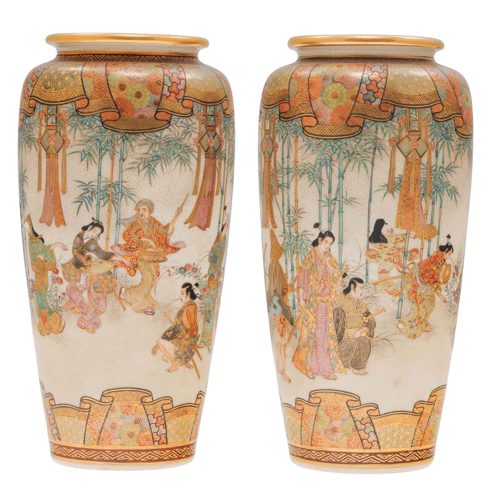 Pair of Satsuma Vases: Pair of Satsuma Vases Each with delicate representations of noble ladies 6in (15cm)