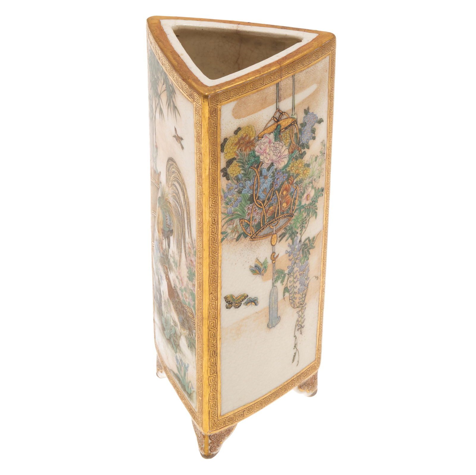 Japanese Meiji or later Ryozan Satsuma Vase: Japanese Meiji or later Ryozan Satsuma VaseTriangular shape with gilt banding three sides, variously decorated with chickens under bamboo, a blue bird under a willow and a generous bouquet.6in (15cm)
