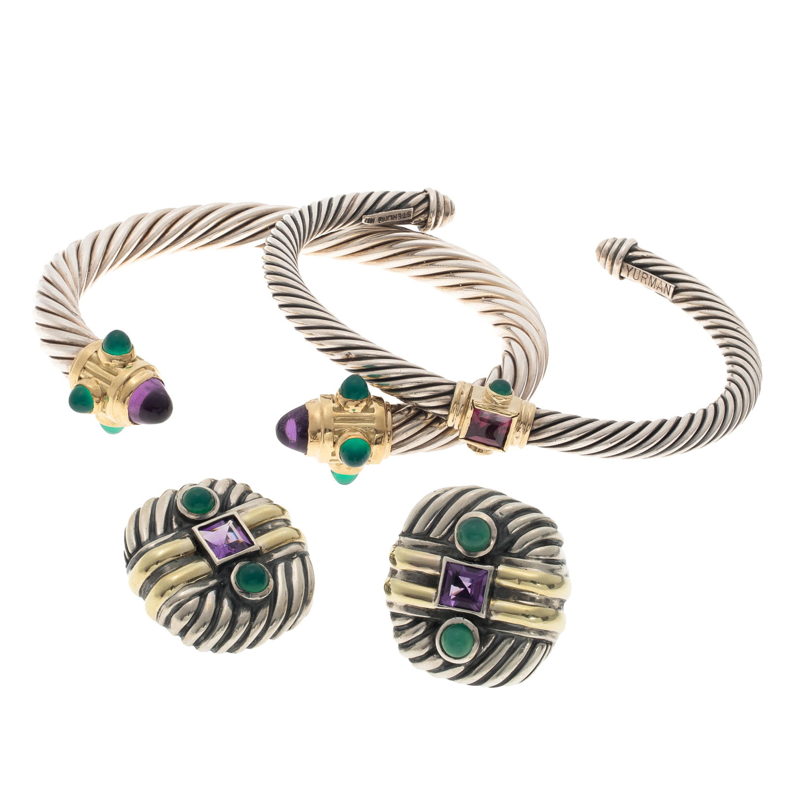 Collection of Multi-Stone, Sterling Silver, 14k Jewelry, David Yurman: Collection of Multi-Stone, Sterling Silver, 14k Jewelry, David YurmanIncluding one bracelet centering a square-cut rhodolite garnet accented by two green chalcedony cabochons, set in a 14k yellow gold