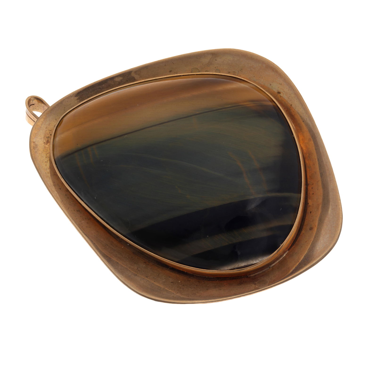 Modernist Tiger's Eye, 9k Rose Gold Pin Pendant: Modernist Tiger's Eye, 9k Rose Gold Pin Pendant Featuring an abstract-shape tiger's eye cabochon measuring approximately 1.60 x 1.22 inches (41.0 x 31.0 mm), set in a 9k rose gold pin pendant