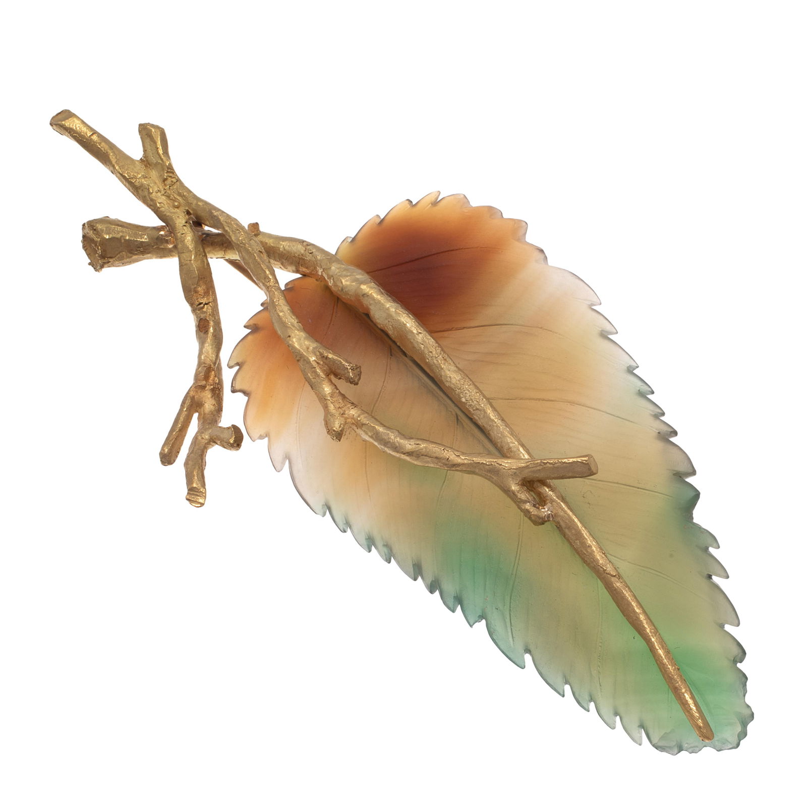 Carved Agate, 14k Yellow Gold Leaf Pin: Carved Agate, 14k Yellow Gold Leaf Pin Featuring a figural carved agate leaf joined to a textured 'branch,' set in a 14k yellow gold pin mounting measuring approximately 3.35 x 1.35 inches. Gross