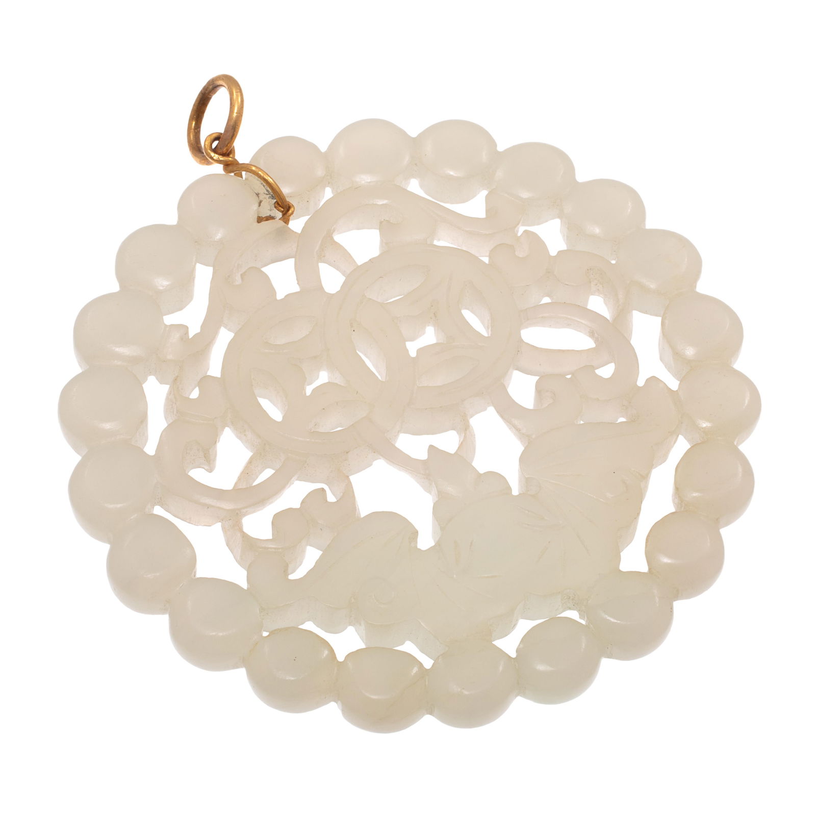 Chinese Nephrite, 14k Pendant: Chinese Nephrite, 14k PendantFeaturing a circular nephrite plaque carved and pierced in a bat motif, suspended by a 14k yellow gold bail, forming a pendant measuring approximately 2.28 inches (5.80 cm