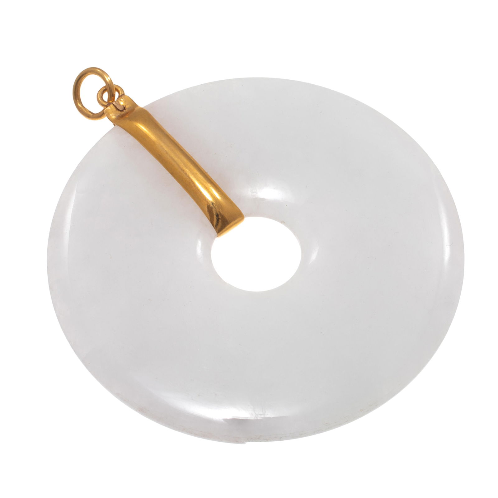 Jade, 18k Yellow Gold Pendant: Jade, 18k Yellow Gold Pendant Featuring a white jade bi-disc measuring approximately 2.00 inches (5.20 cm), suspended by an 18k yellow gold pendant mounting. Gross weight: 26.3 grams.