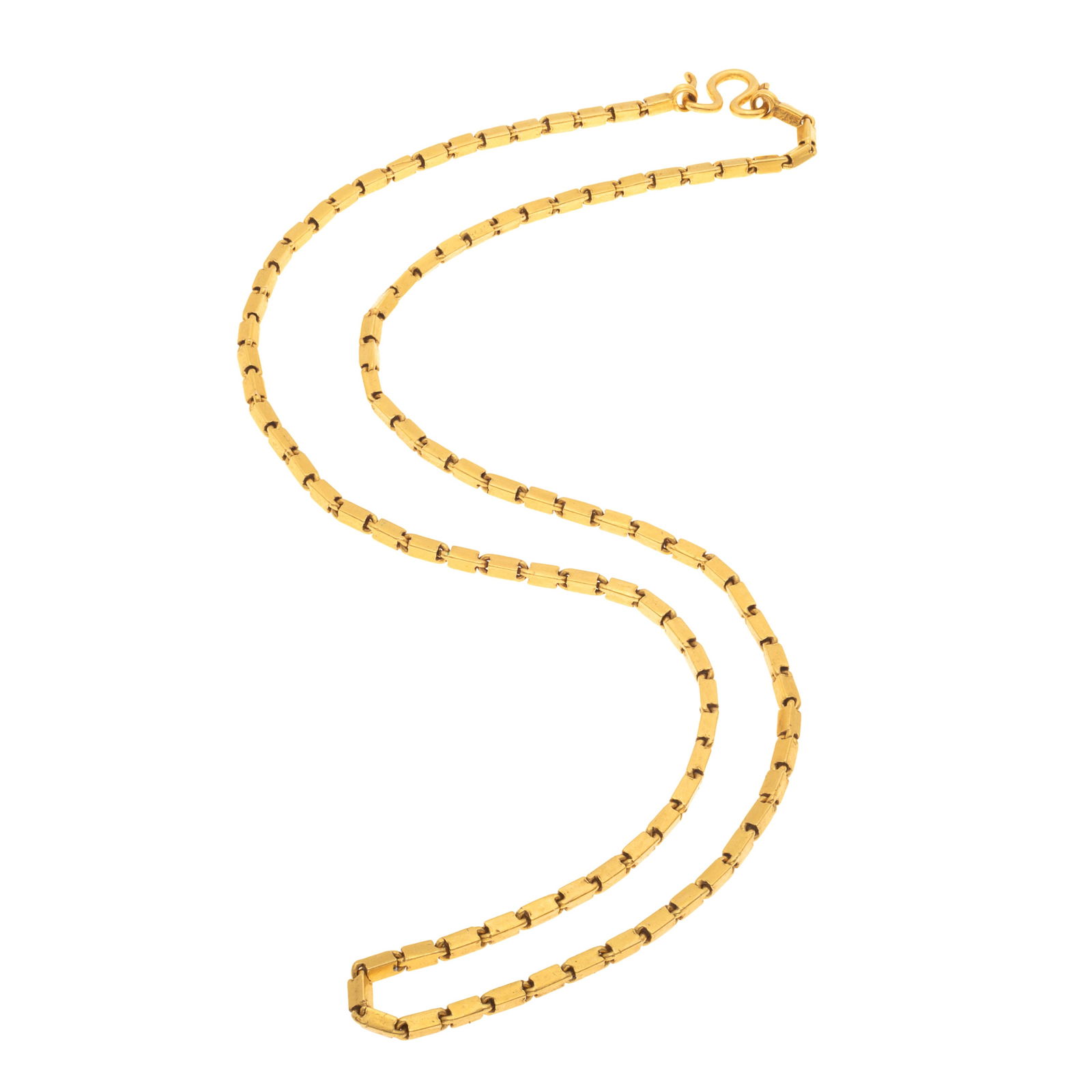 22k Yellow Gold Neck Chain: 22k Yellow Gold Neck ChainThe 22k yellow gold rectangular links, each measuring approximately 2.5 mm, completed by an 'S' hook clasp forming a 21 3/4 inch necklace.Gross weight: 30.5 grams.