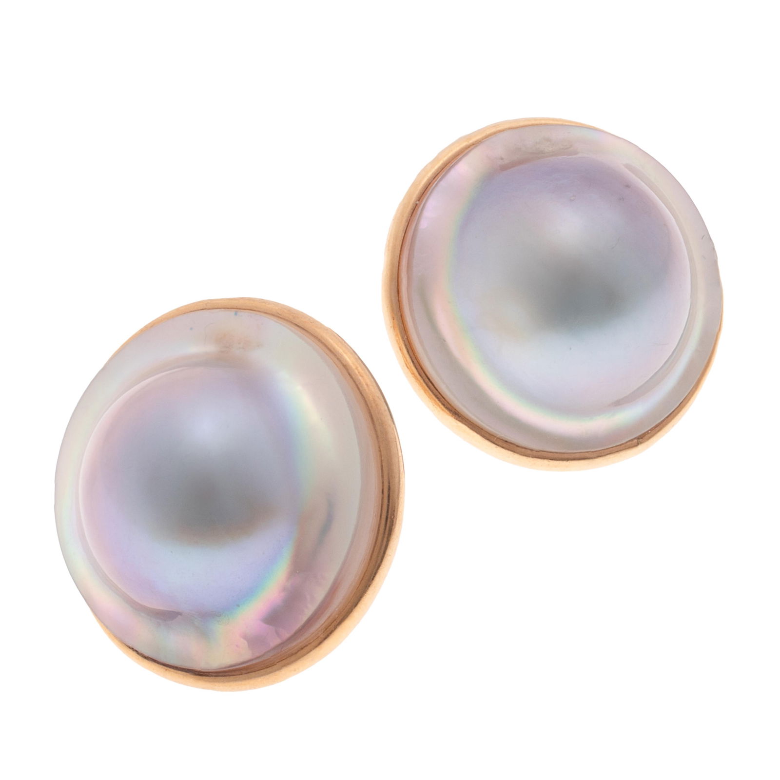 Pair of Mabe Cultured Pearl, 14k Earrings: Pair of Mabe Cultured Pearl, 14k Earrings Each featuring one mabe cultured pearl set in a 14k yellow gold earring mounting measuring approximately 1.00 inch in diameter. Gross weight: 17.3 grams.